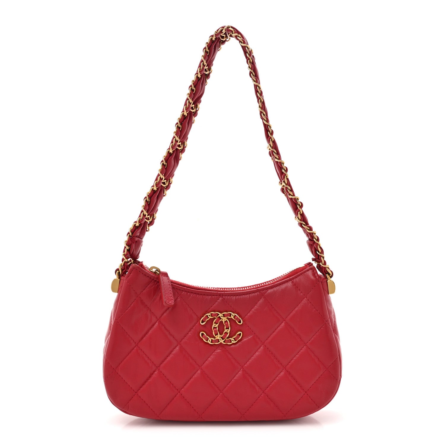 Chanel Crumpled Calfskin Quilted Braided CC Small Hobo Red 1 of 16