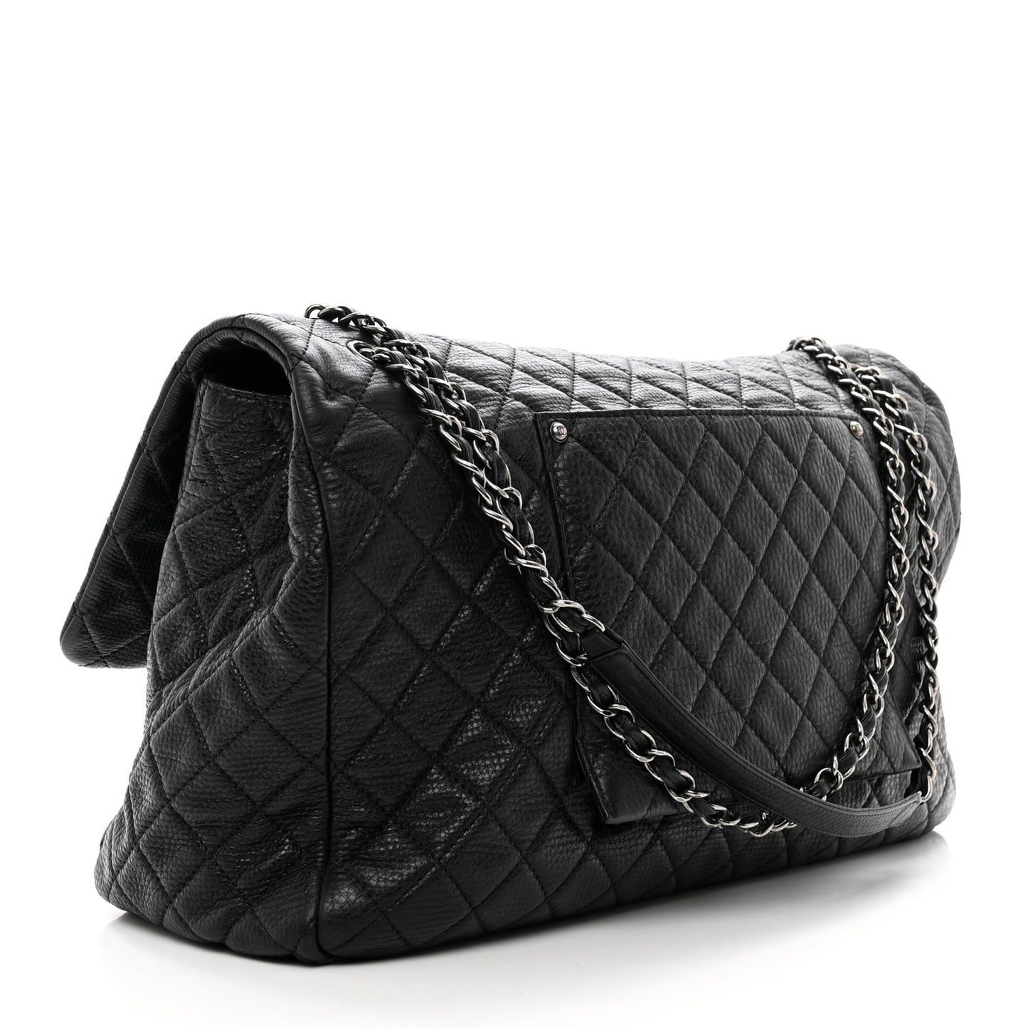Grained Calfskin Quilted XXL Travel Flap Bag Black