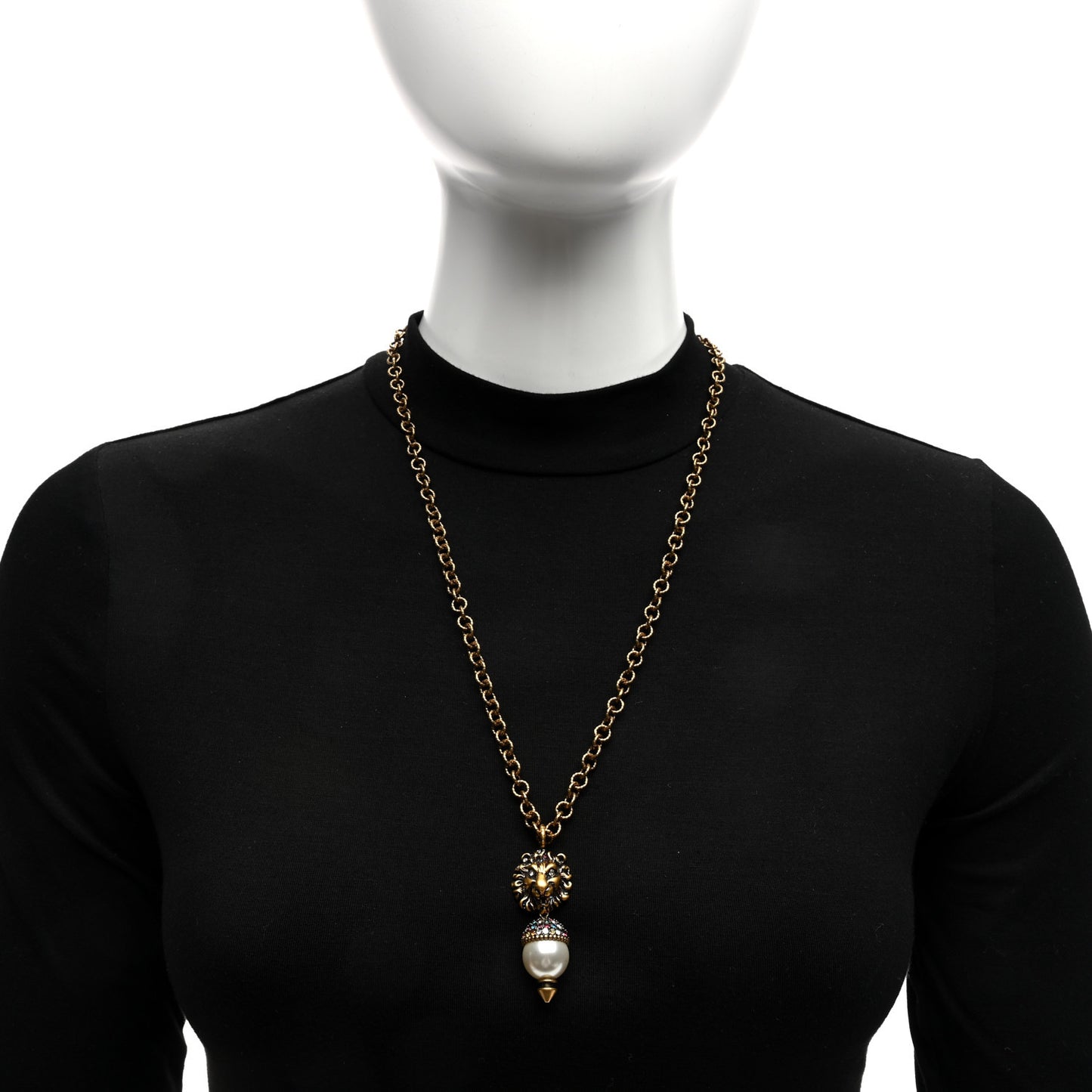 Metal Crystal Pearl Lion Head Necklace Aged Gold