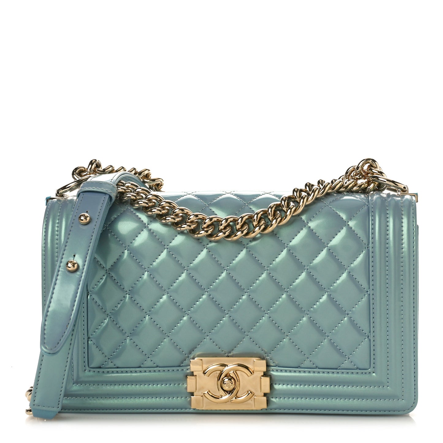 Iridescent Glazed Calfskin Quilted Medium Boy Flap Light Blue