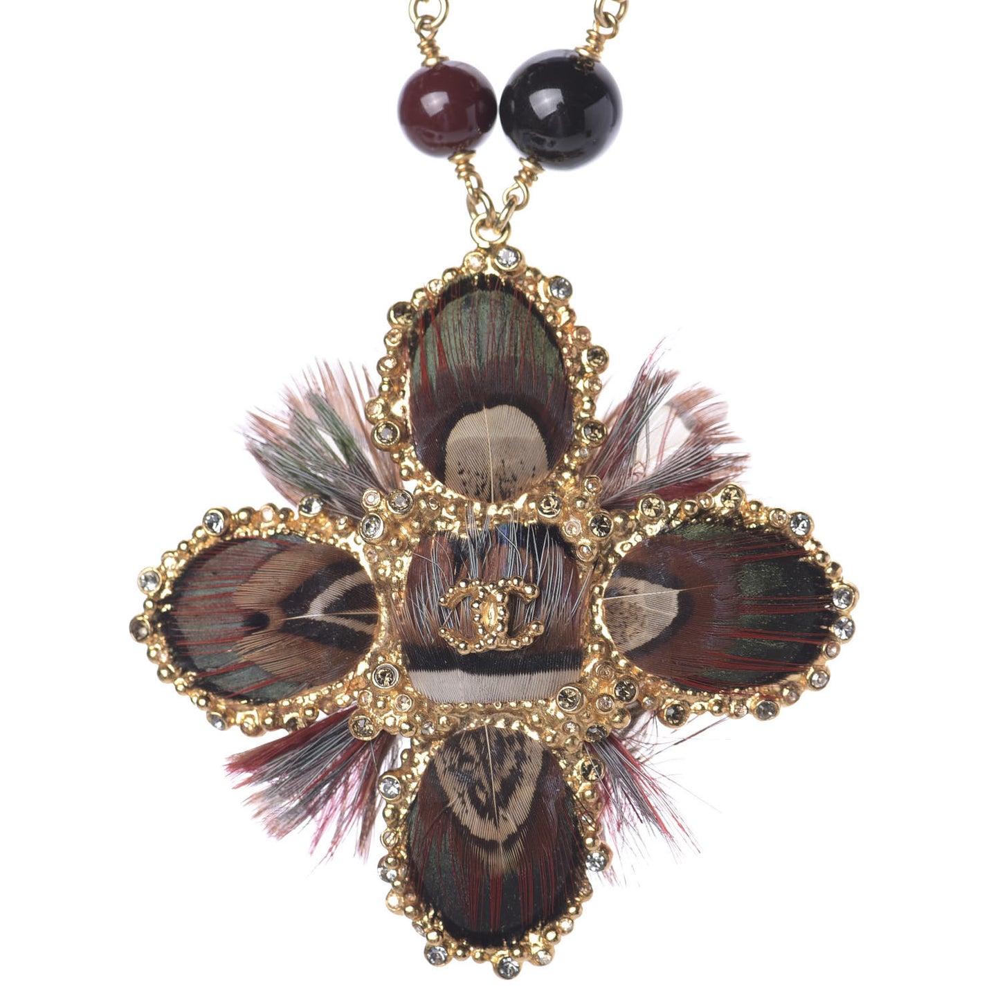 Strass Feather Beaded Paris Edinburgh CC Pendant Necklace Gold Multicolor
