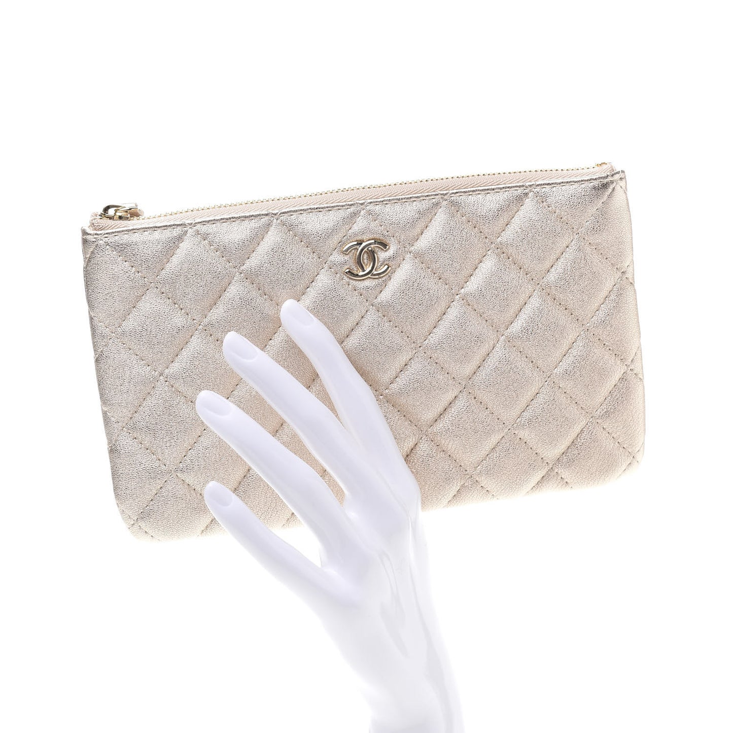 Metallic Lambskin Quilted Cosmetic Pouch Gold
