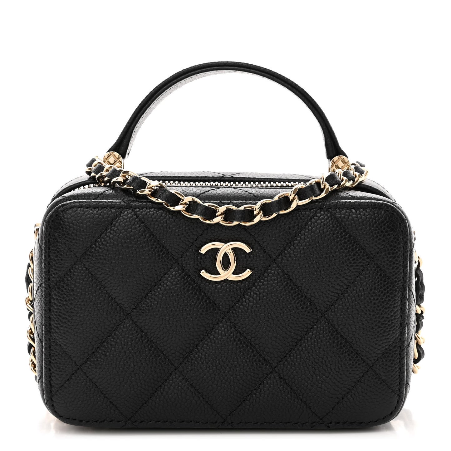 Caviar Quilted Small Top Handle Vanity Case With Chain Black