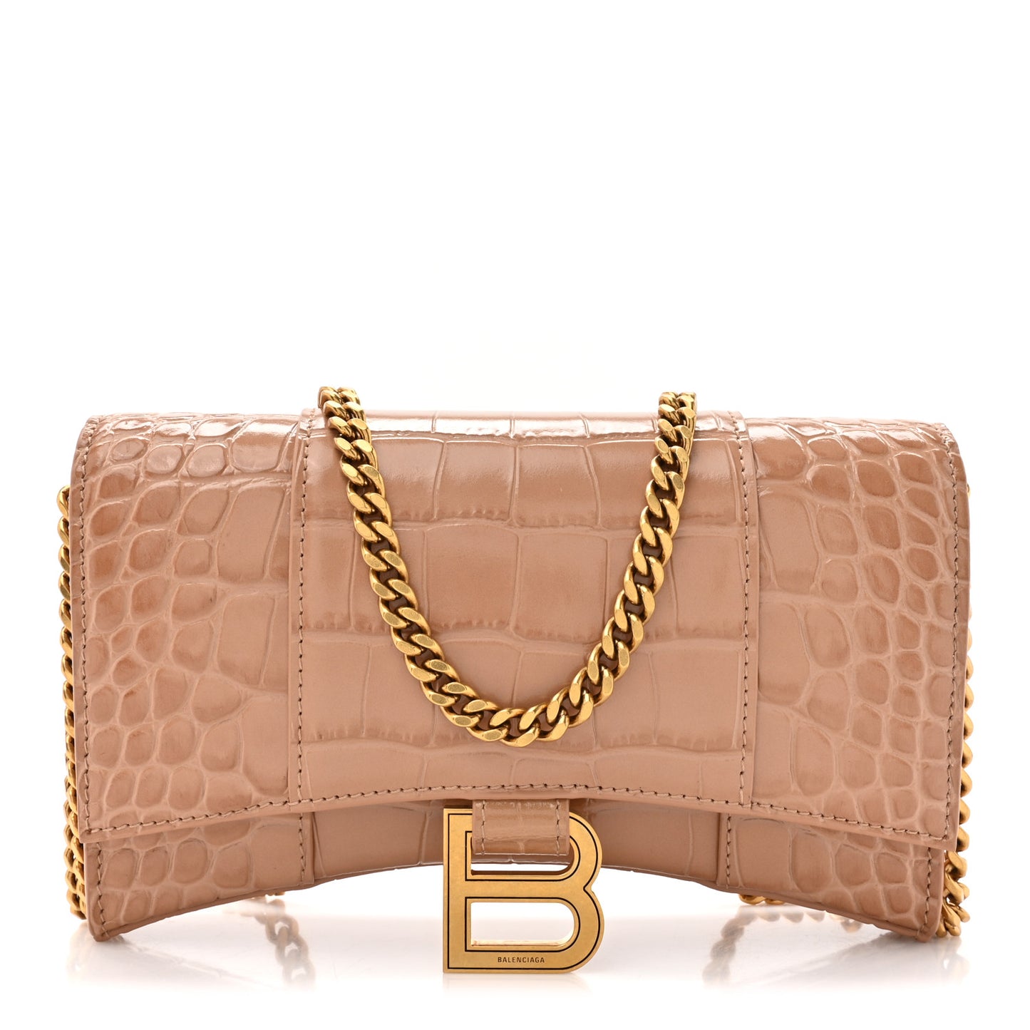 Shiny Calfskin Crocodile Embossed Hourglass Chain Bag Nude Beige