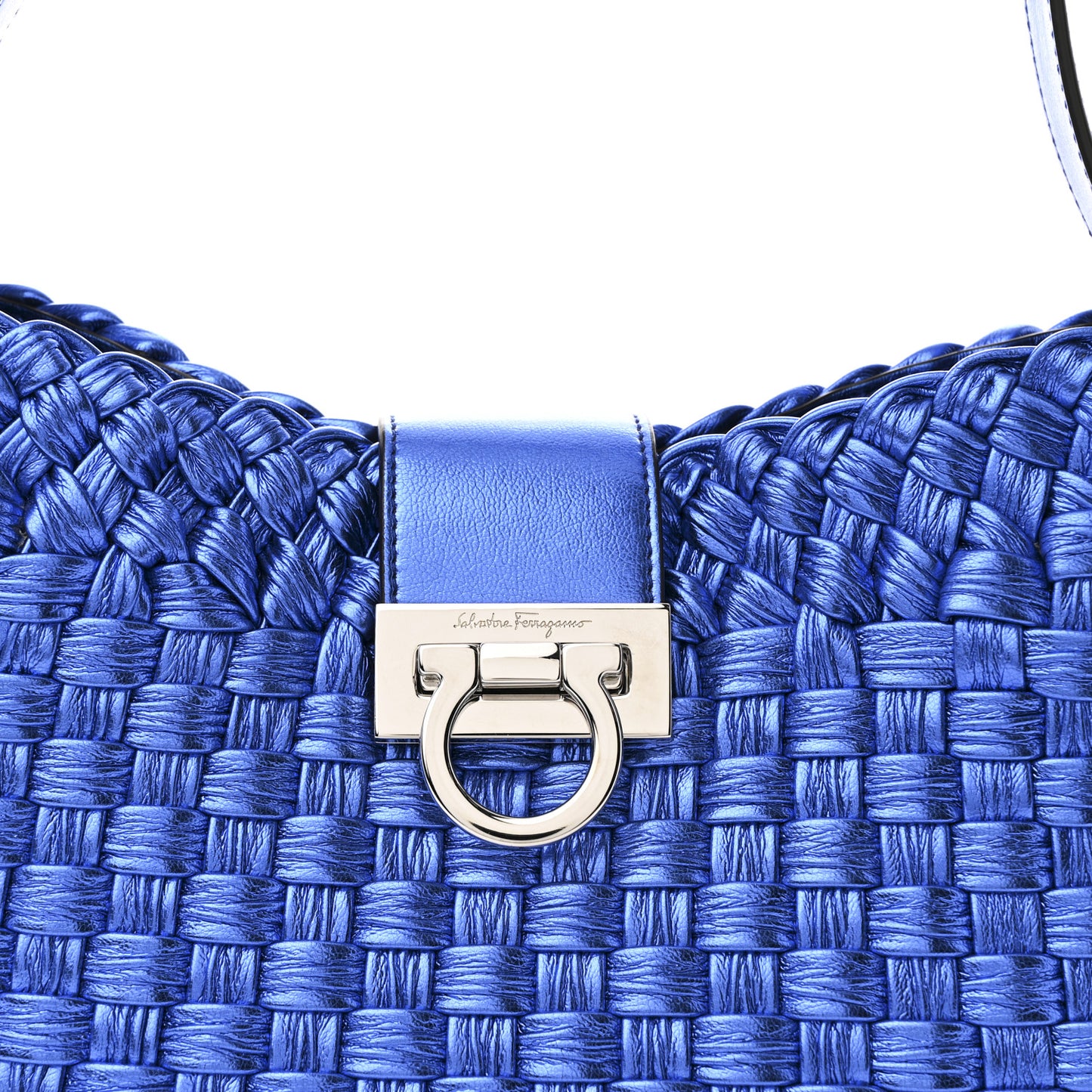 Metallic Woven Calfskin Trifolio Shoulder Bag Bluette