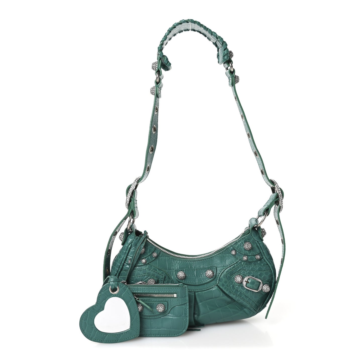 Extra Supple Calfskin Crystal Crocodile Embossed Le Cagole Shoulder Bag XS Jade