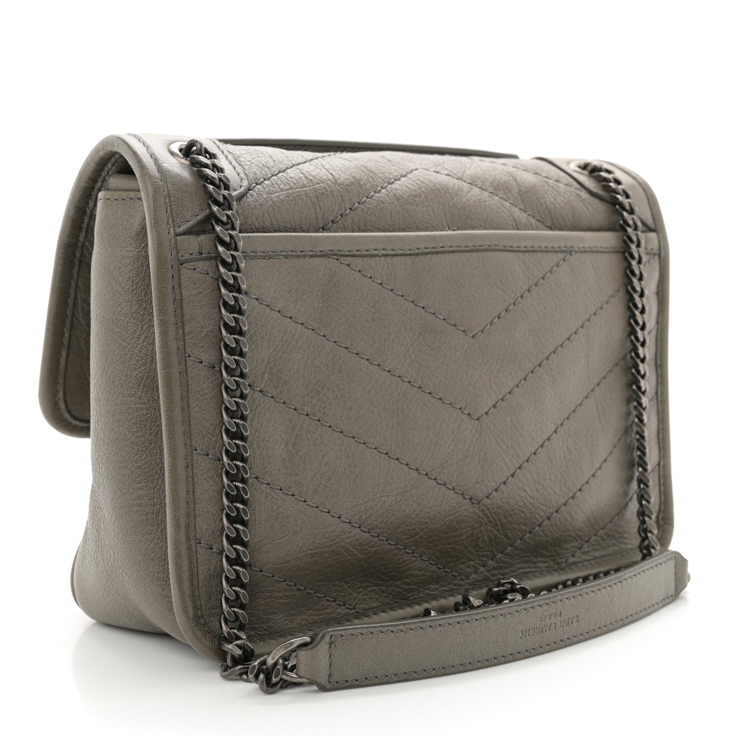Crinkled Calfskin Matelasse Monogram Baby Niki Chain Satchel Grey Kaki