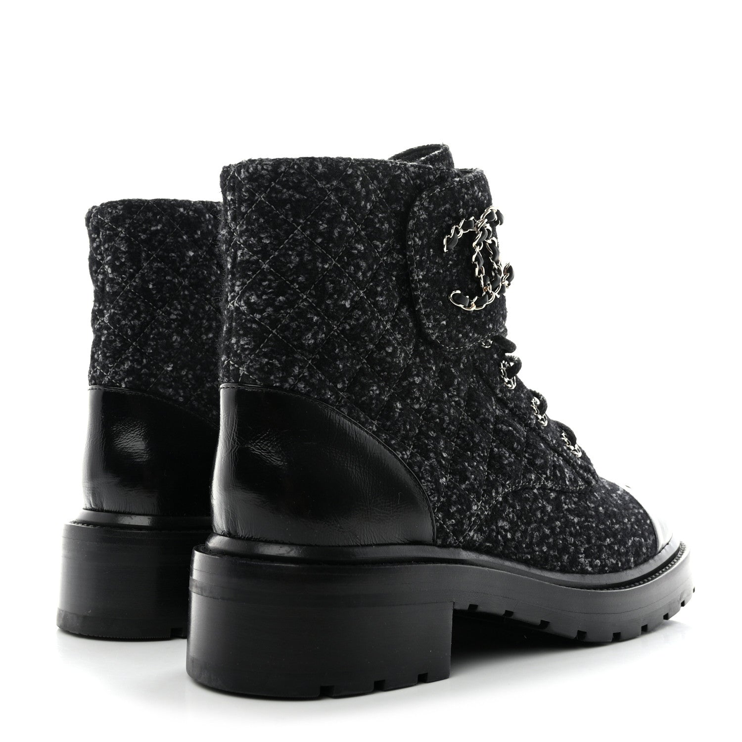 Chanel Tweed Lambskin Quilted Lace Up Combat Boots 41 Black Grey 4 of 9