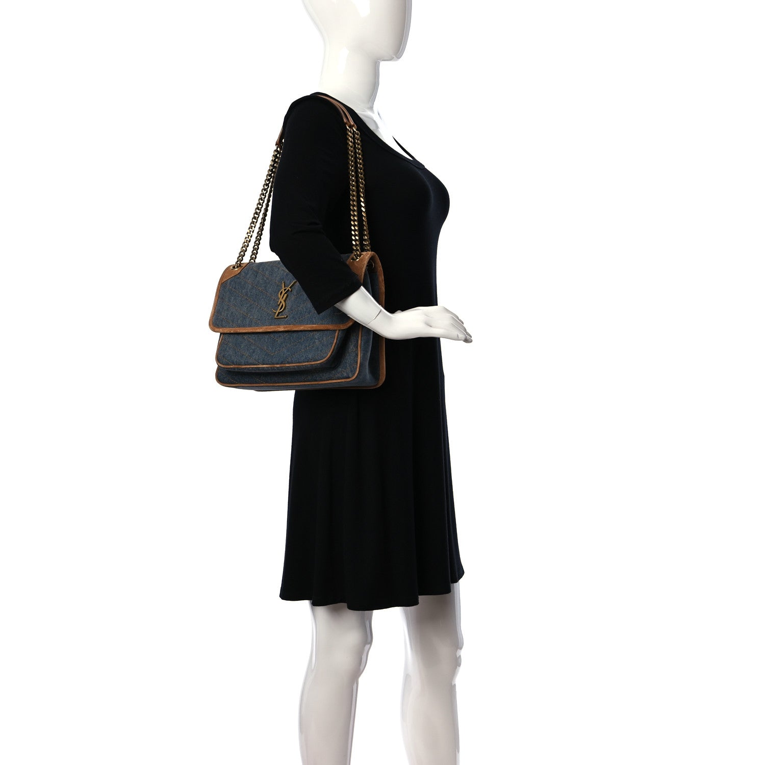 Saint Laurent Denim Suede Monogram Medium Niki Chain Satchel Blue Cinnamon 2 of 9