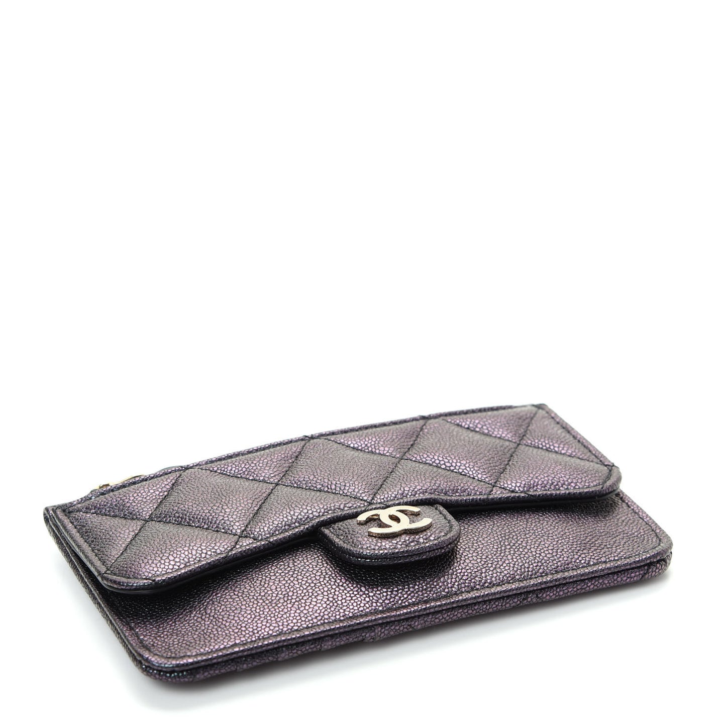 Iridescent Caviar Quilted Flap Zip Card Holder Black