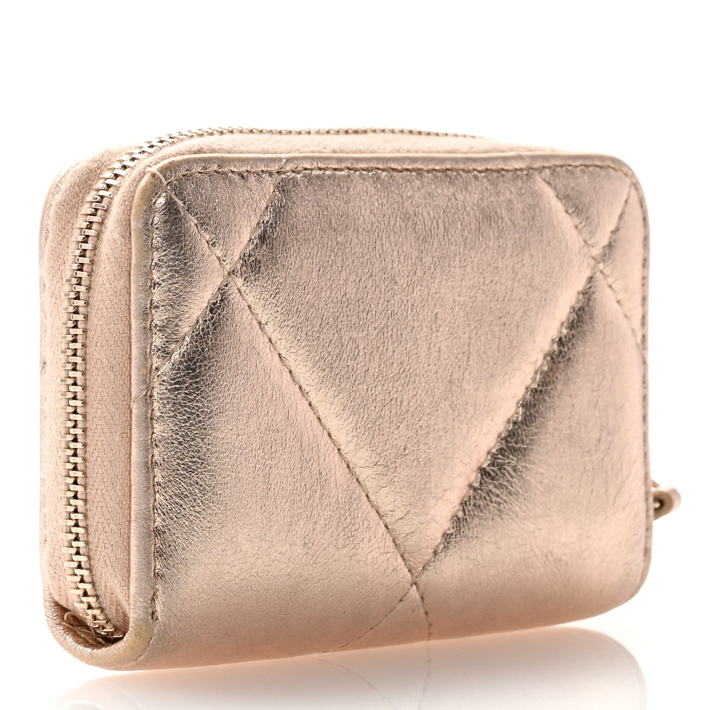Metallic Lambskin Quilted Chanel 19 Zip Around Coin Purse Wallet Gold