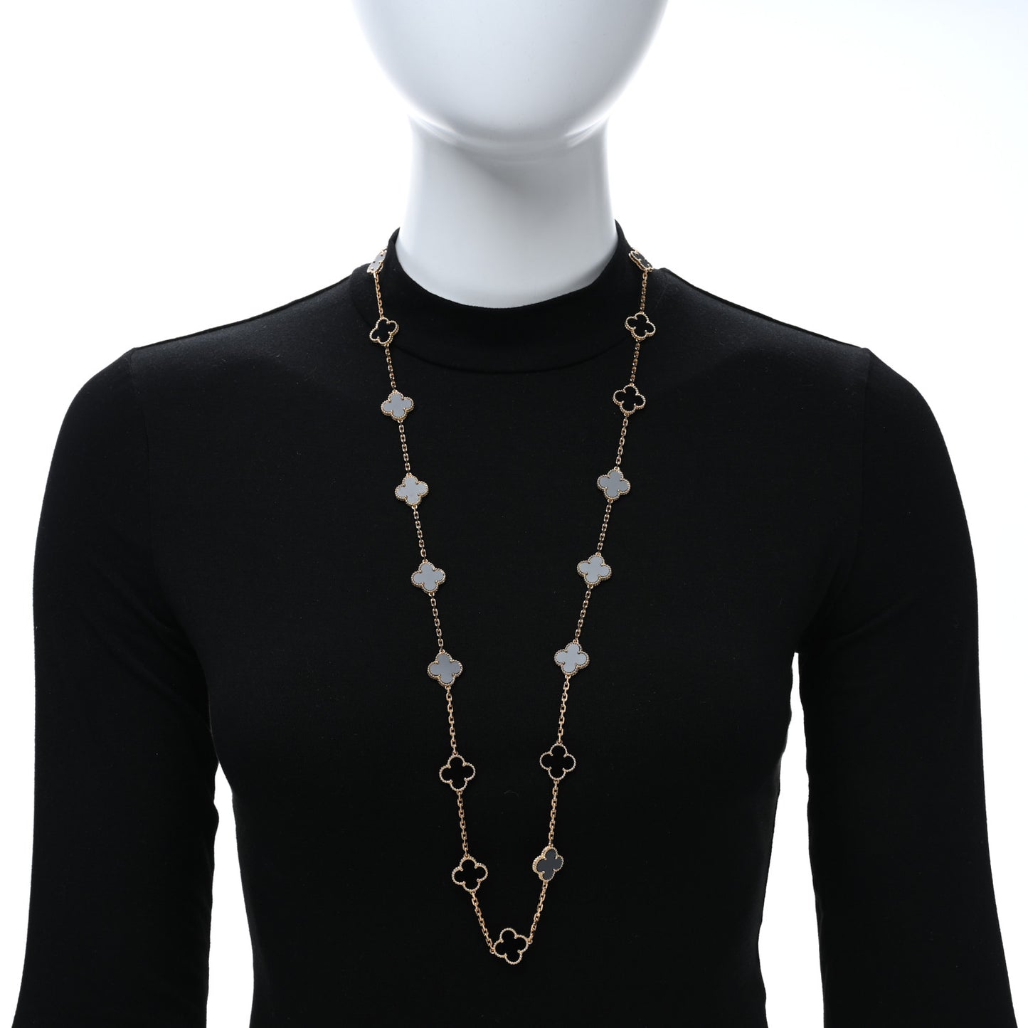 18K Yellow Gold Black Onyx 20 Motifs Vintage Alhambra Necklace