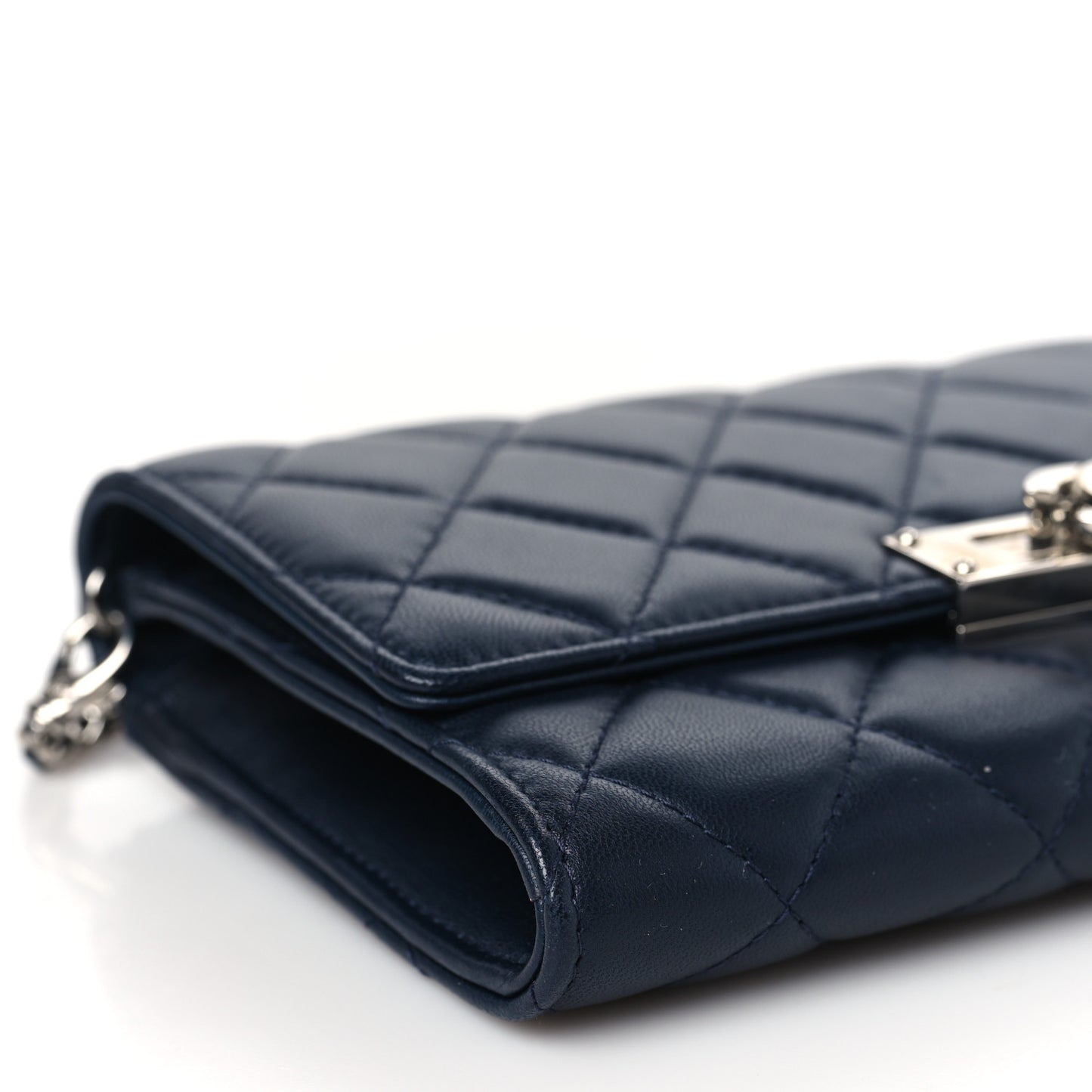 Lambskin Quilted Golden Class Clutch with Chain Navy Blue