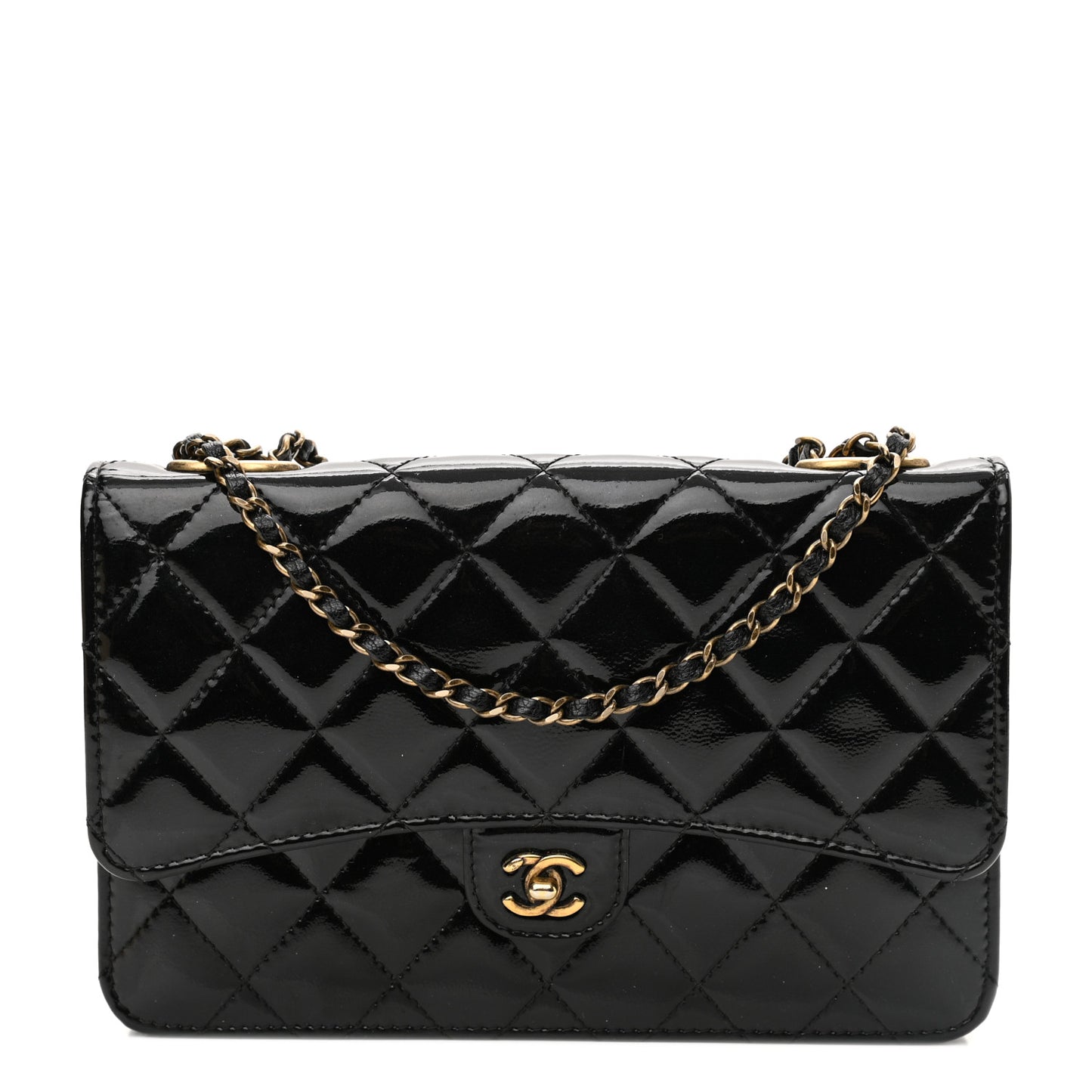 Patent Goatskin Quilted CC Eyelet Wallet On Chain WOC Black