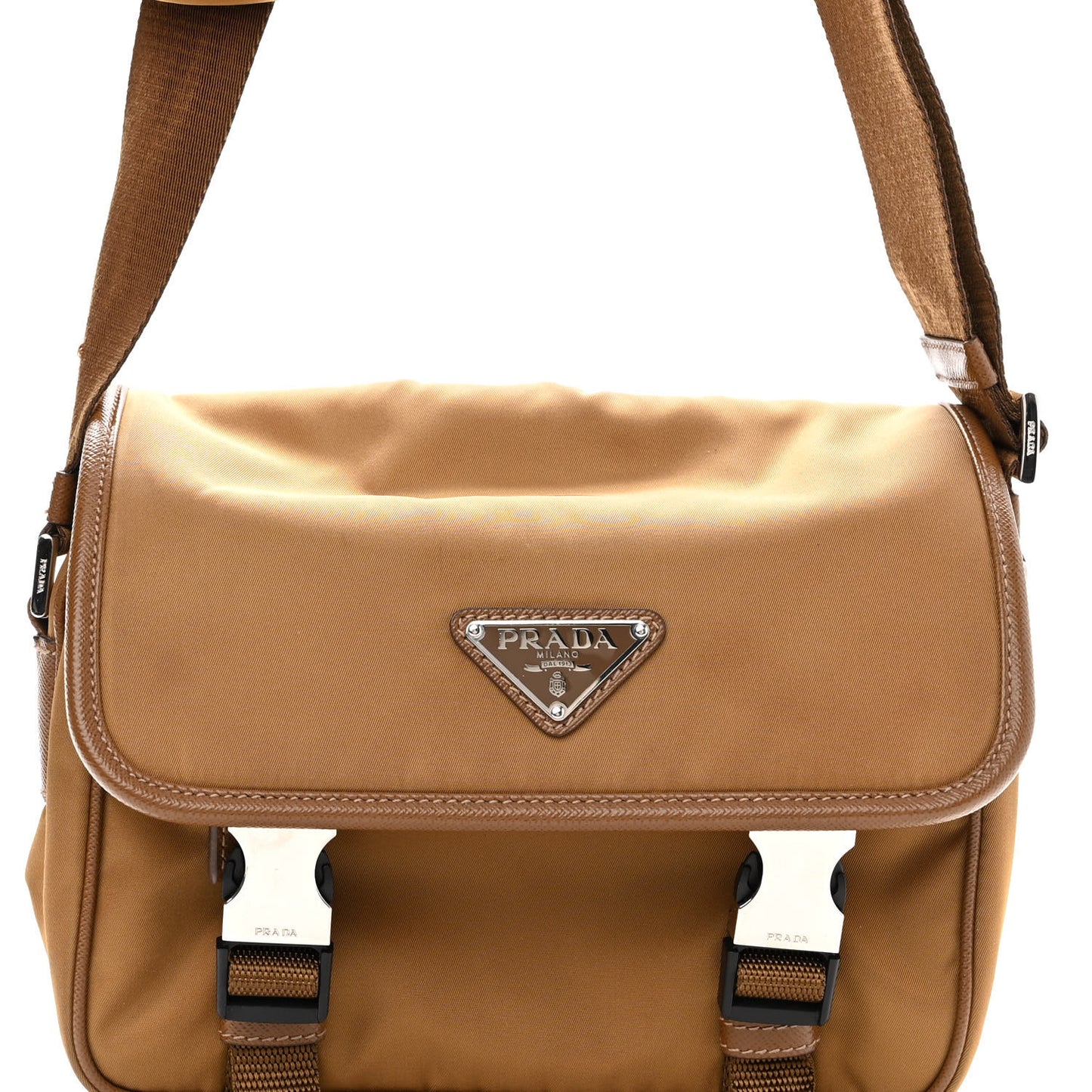 Re-Nylon Saffiano Pocket Double Snap Buckle Shoulder Bag Tabacco