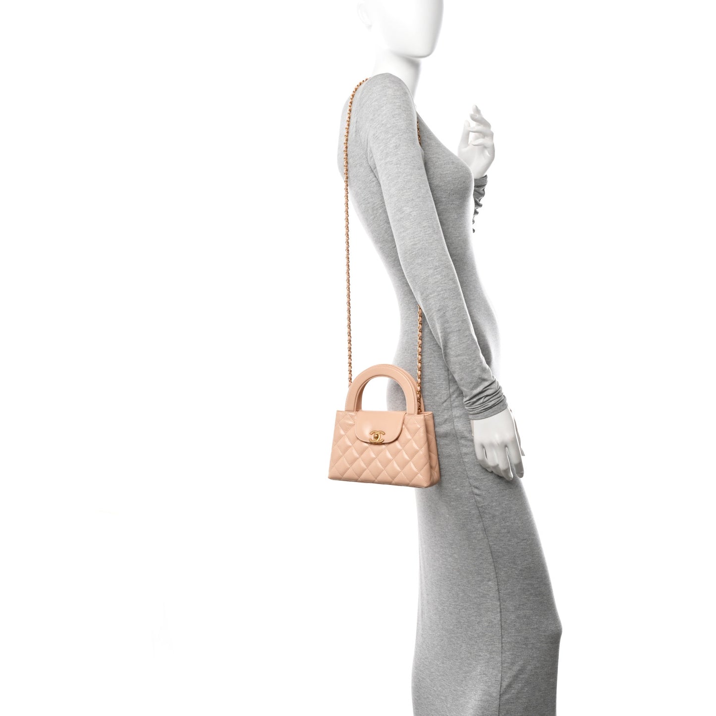 Shiny Aged Calfskin Quilted Nano Kelly Shopper Beige