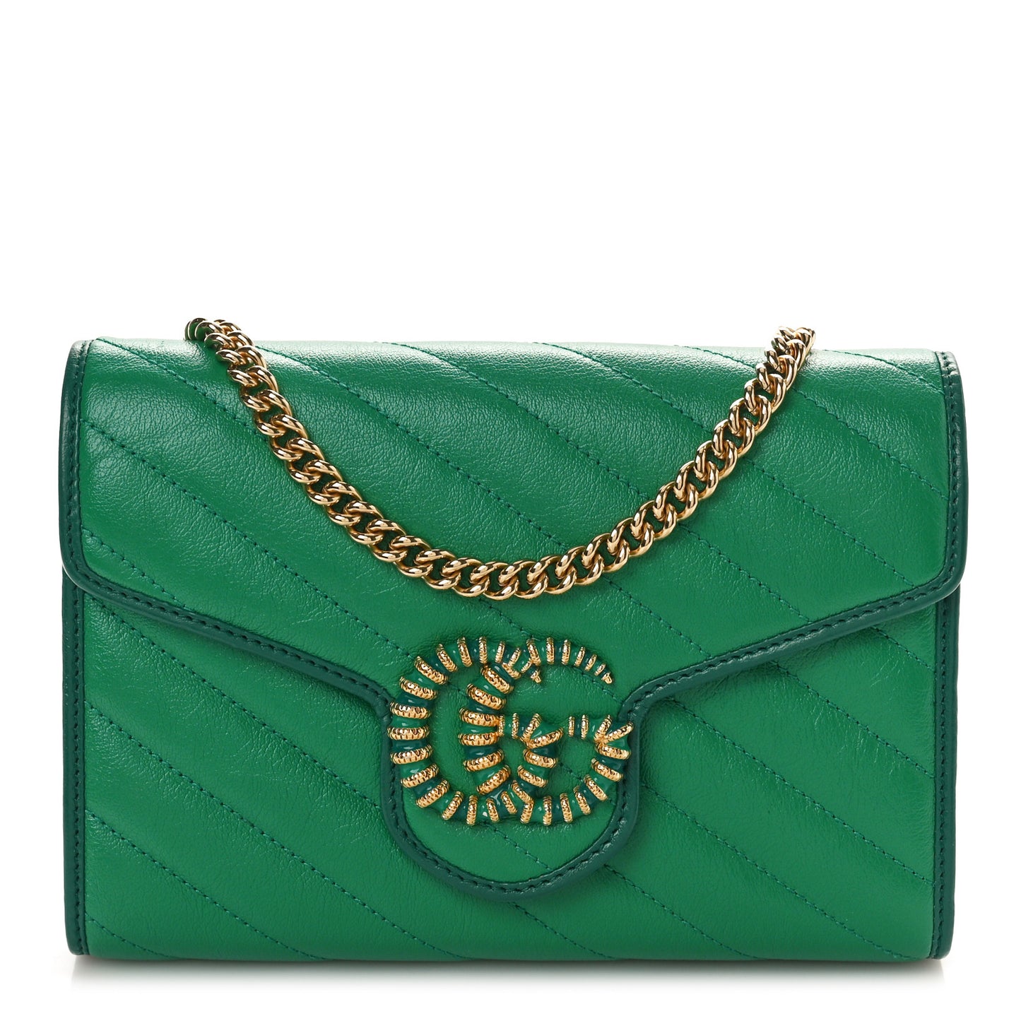 Azalea Calfskin Enamel Matelasse Diagonal Torchon GG Marmont Chain Wallet New Shamrock Emerald
