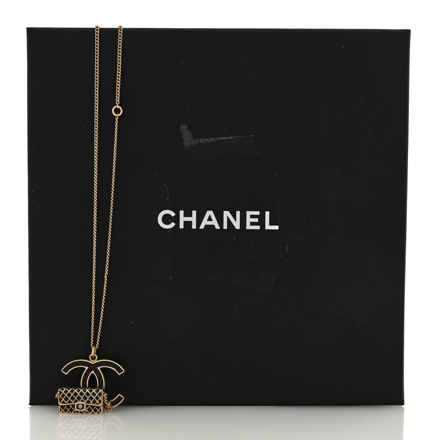 Enamel Pearl CC Flap Pedant Necklace Black