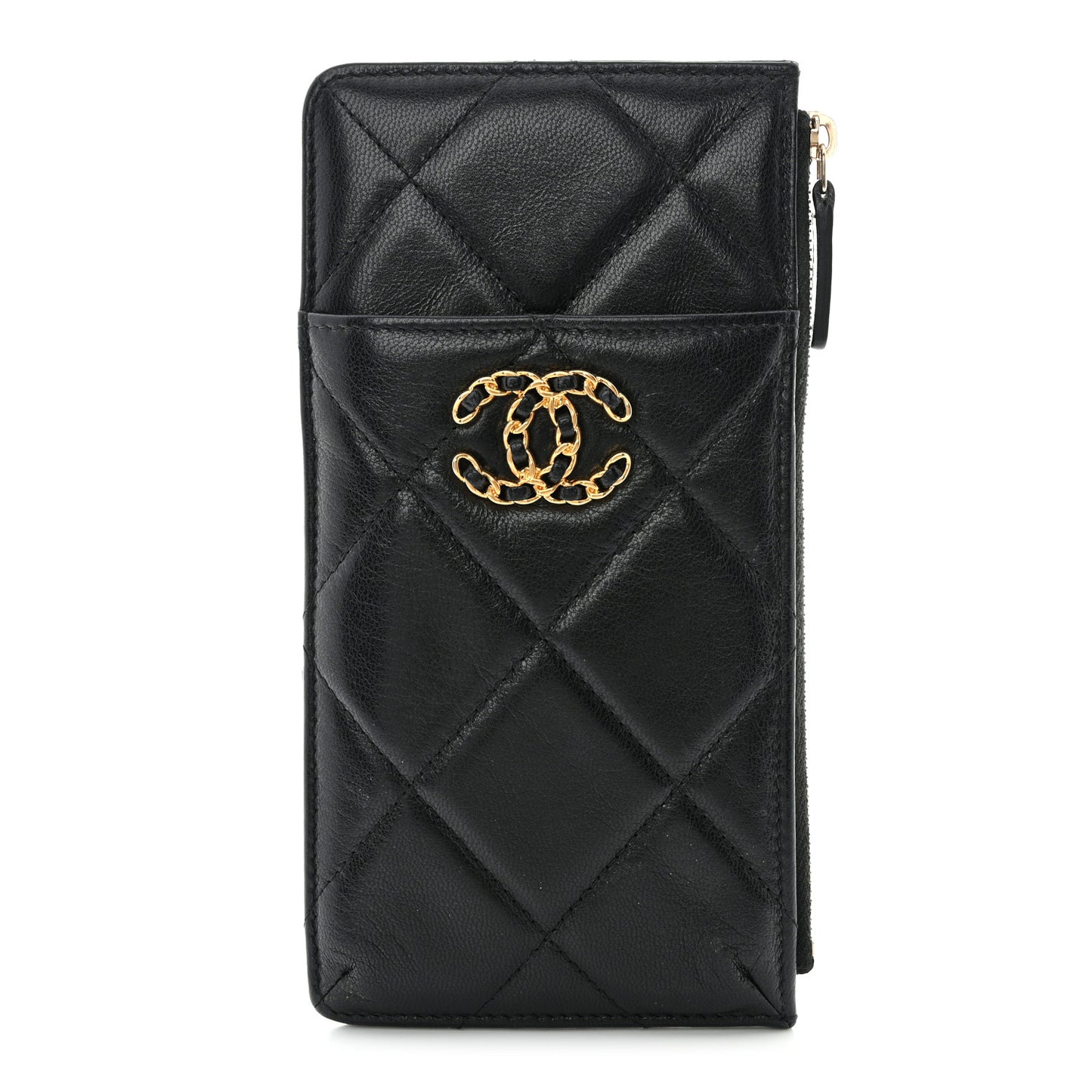 Goatskin Quilted Chanel 19 Flat Wallet Pouch Black