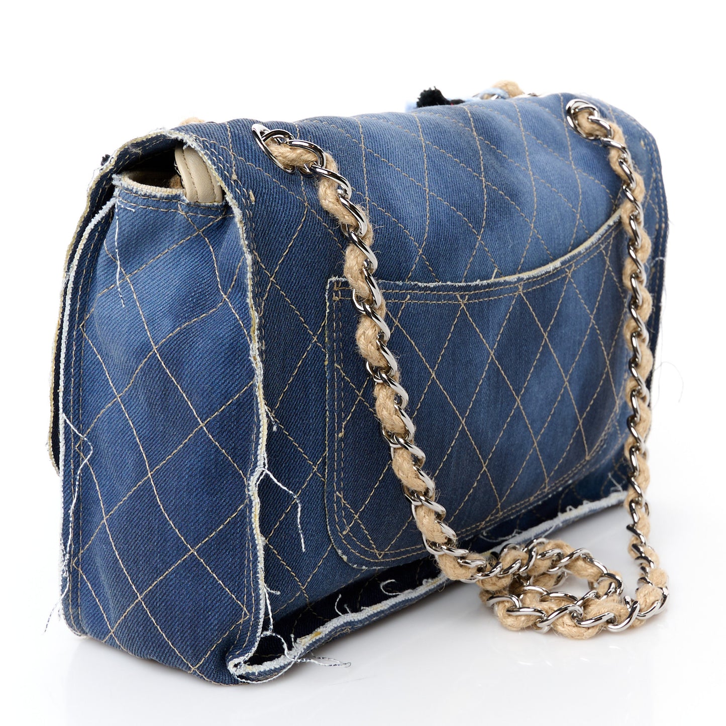 Denim Quilted Jumbo Pompom Flap Dark Blue
