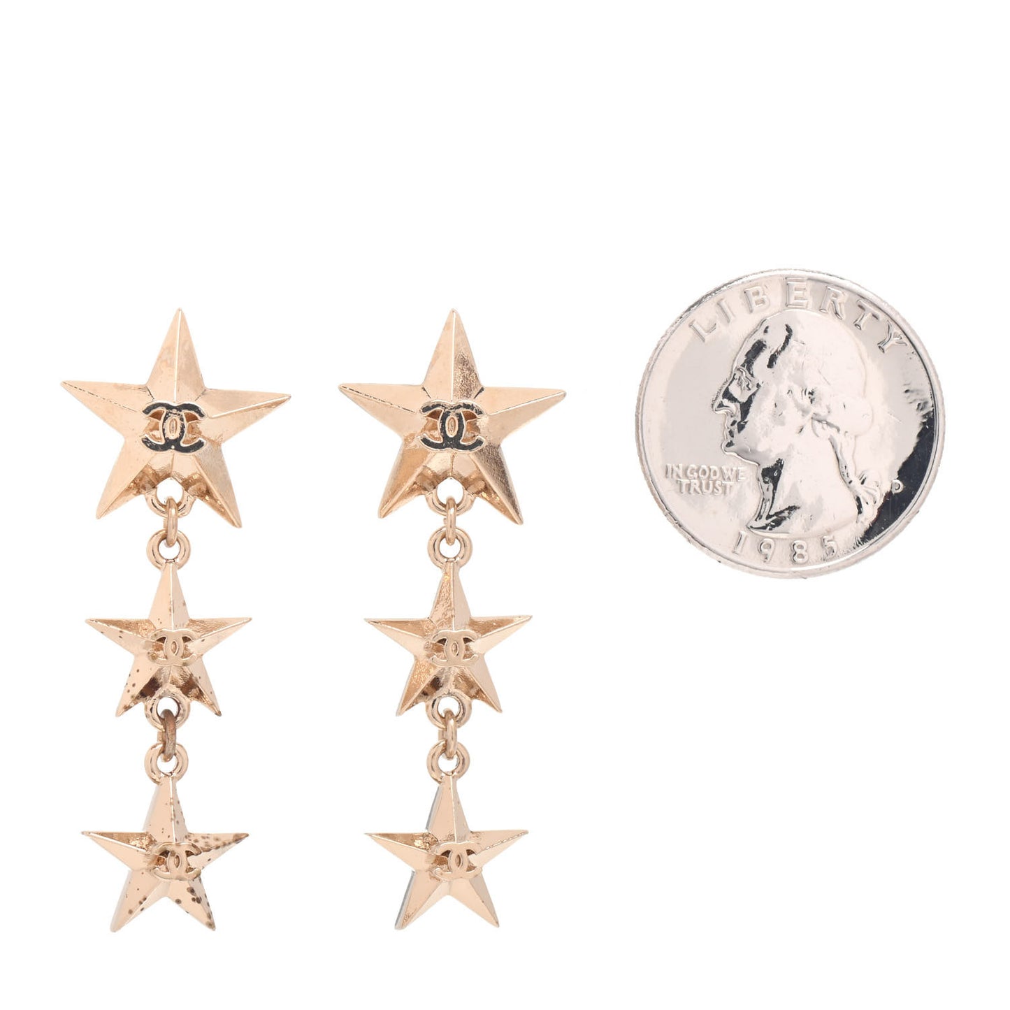 Metal CC Triple Star Drop Earrings Gold