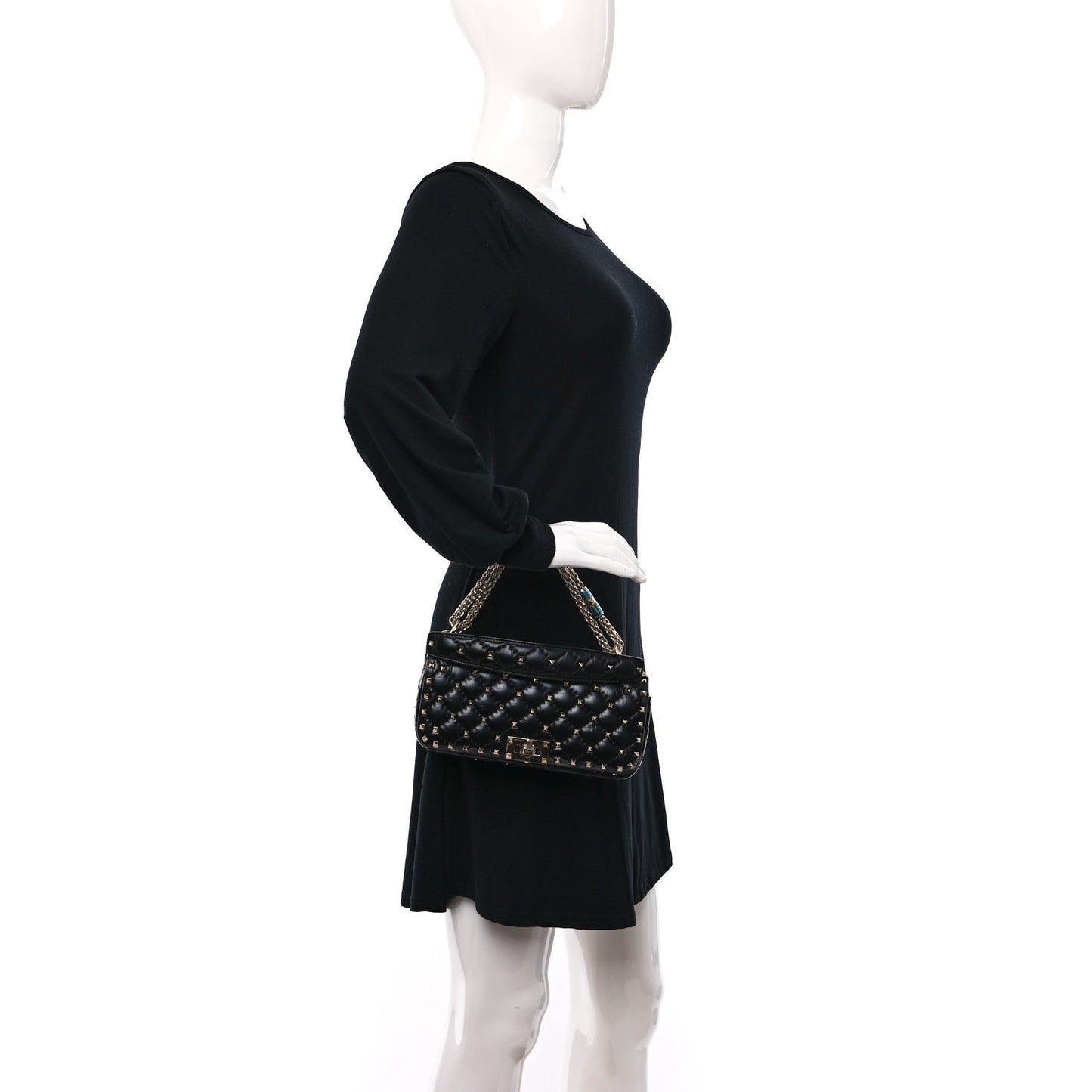 Calfskin Rockstud Spike Convertible Shoulder Bag Black