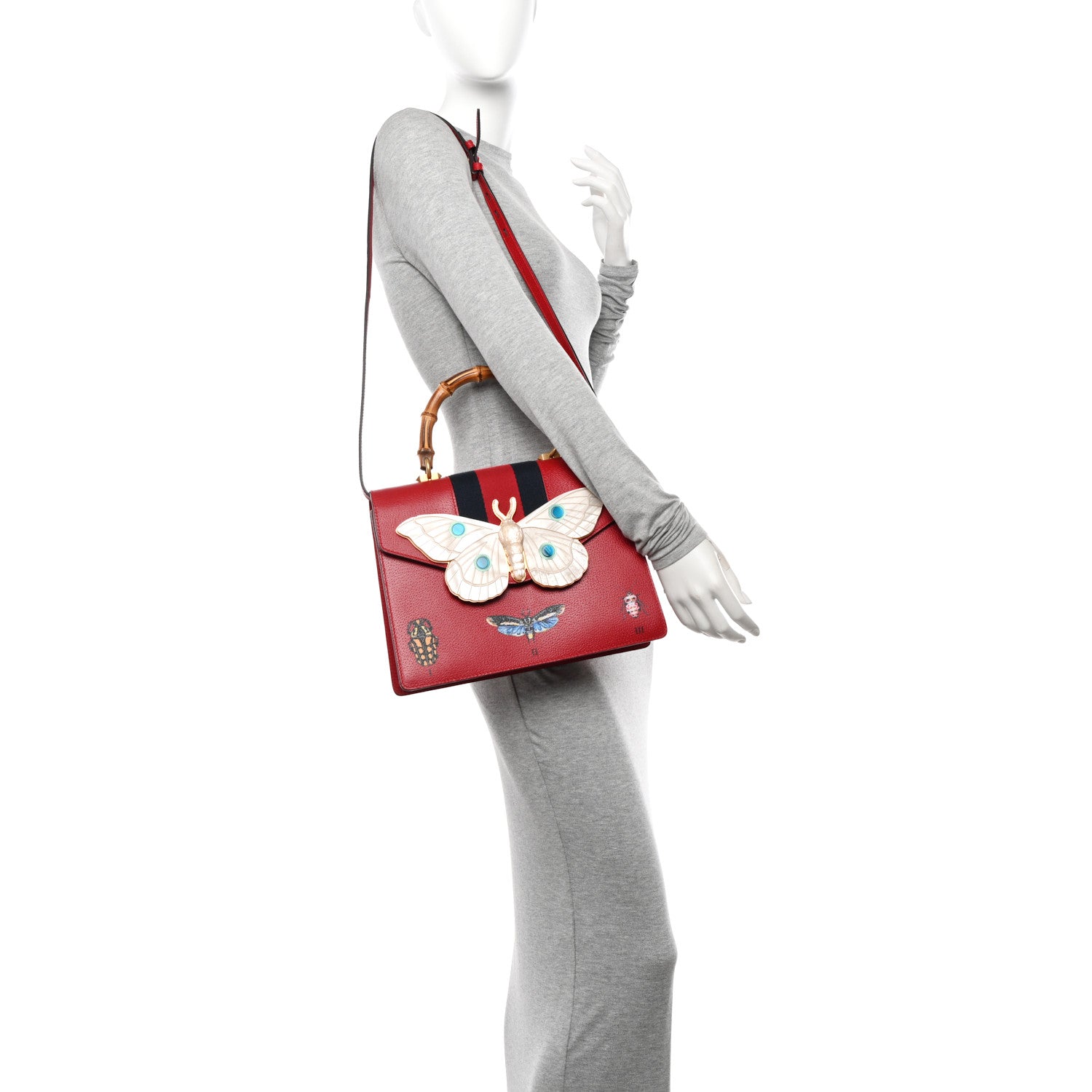 Gucci Calfskin Bamboo Web Medium Falena Moth Top Handle Bag Hibiscus Red 2 of 13