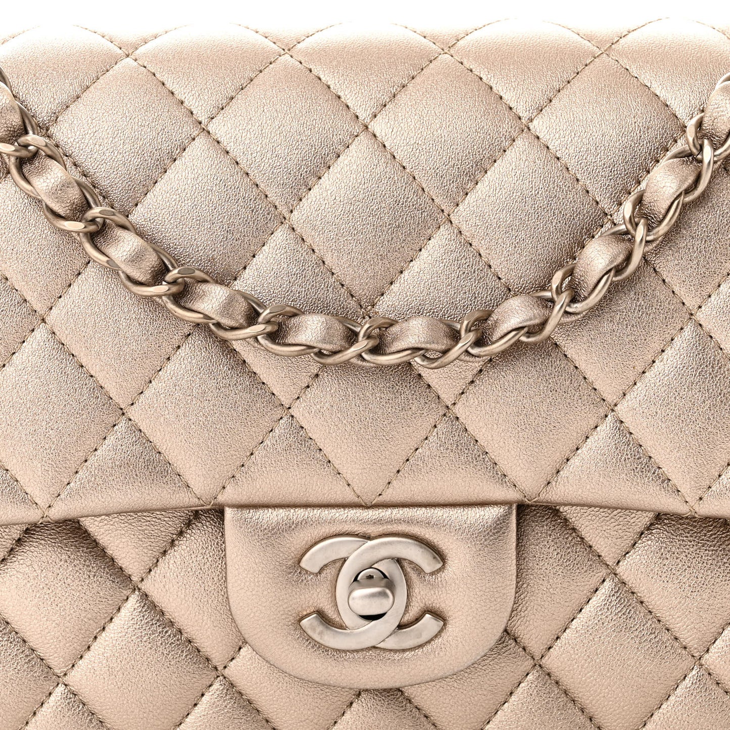 Metallic Calfskin Quilted Medium Double Flap Khaki