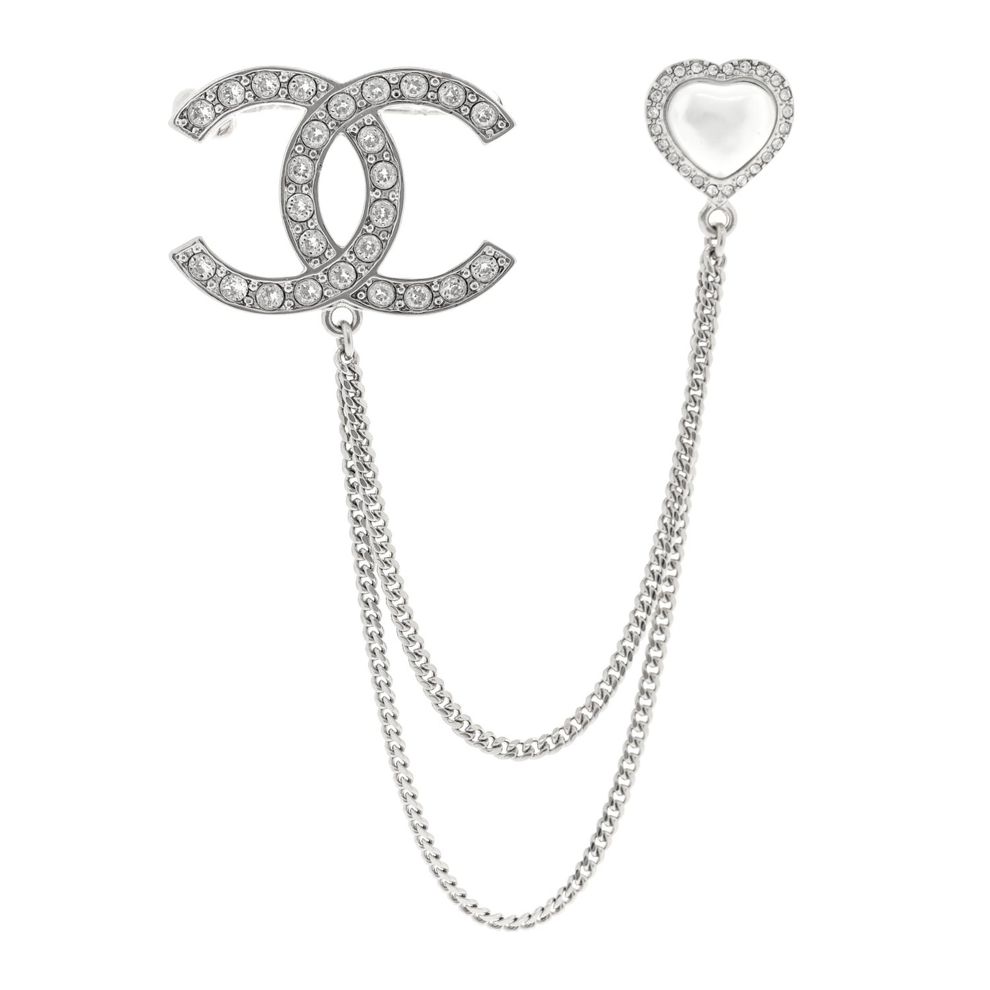 Diamente Pearl Multi Strand Chain CC Heart Brooch Silver Pearly White