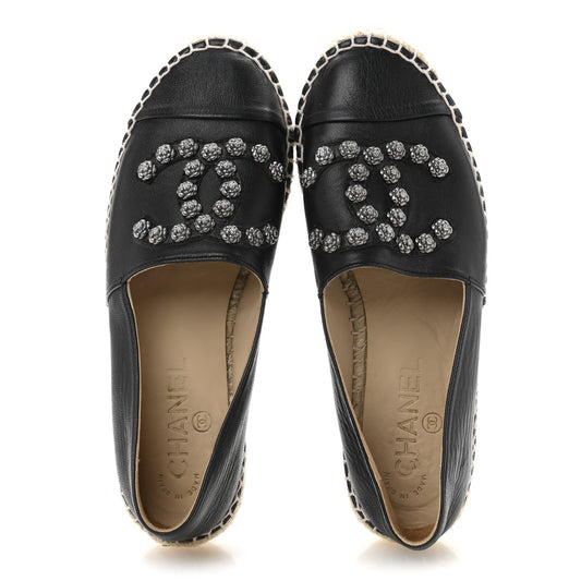 Lambskin Camellia CC Stud Espadrilles 36 Black
