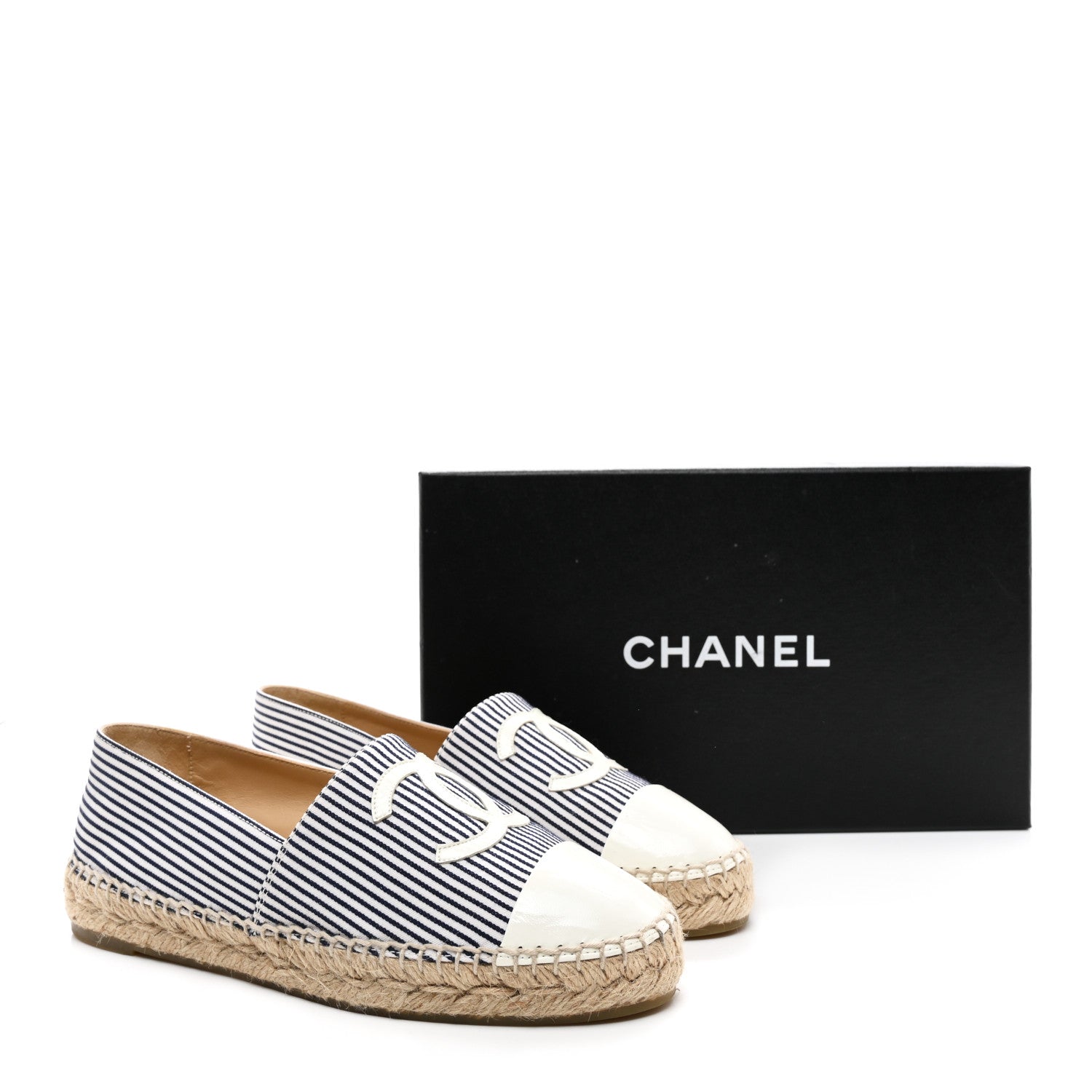 Chanel Canvas Striped Patent CC Espadrilles 37 Ivory Navy White 11 of 11