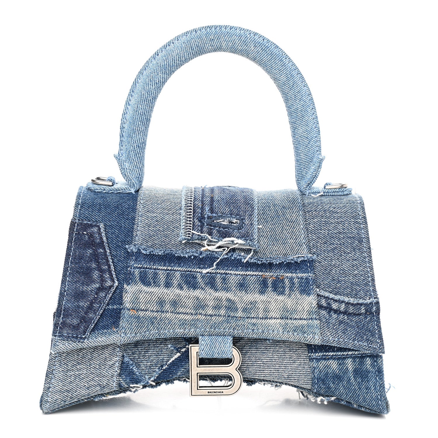 Balenciaga Denim Patchwork Small Hourglass Top Handle Bag Washed