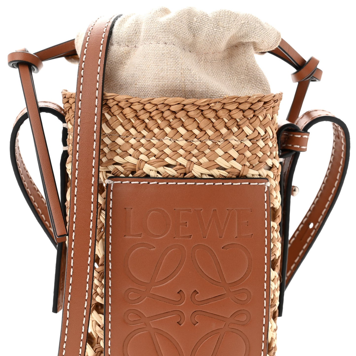 Calfskin Raffia Paula's Ibiza Pocket Bucket Bag Natural Tan