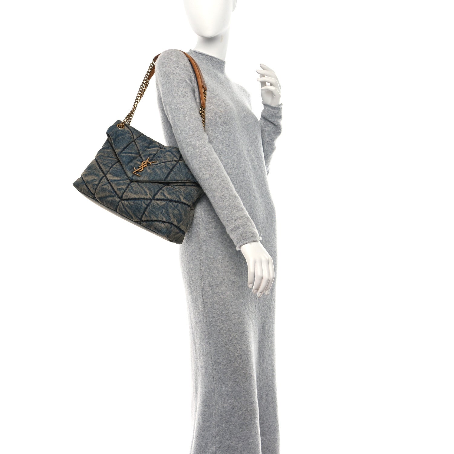 Saint Laurent Denim Quilted Medium Loulou Puffer Monogram Chain Satchel Blue Cinnamon 3 of 8