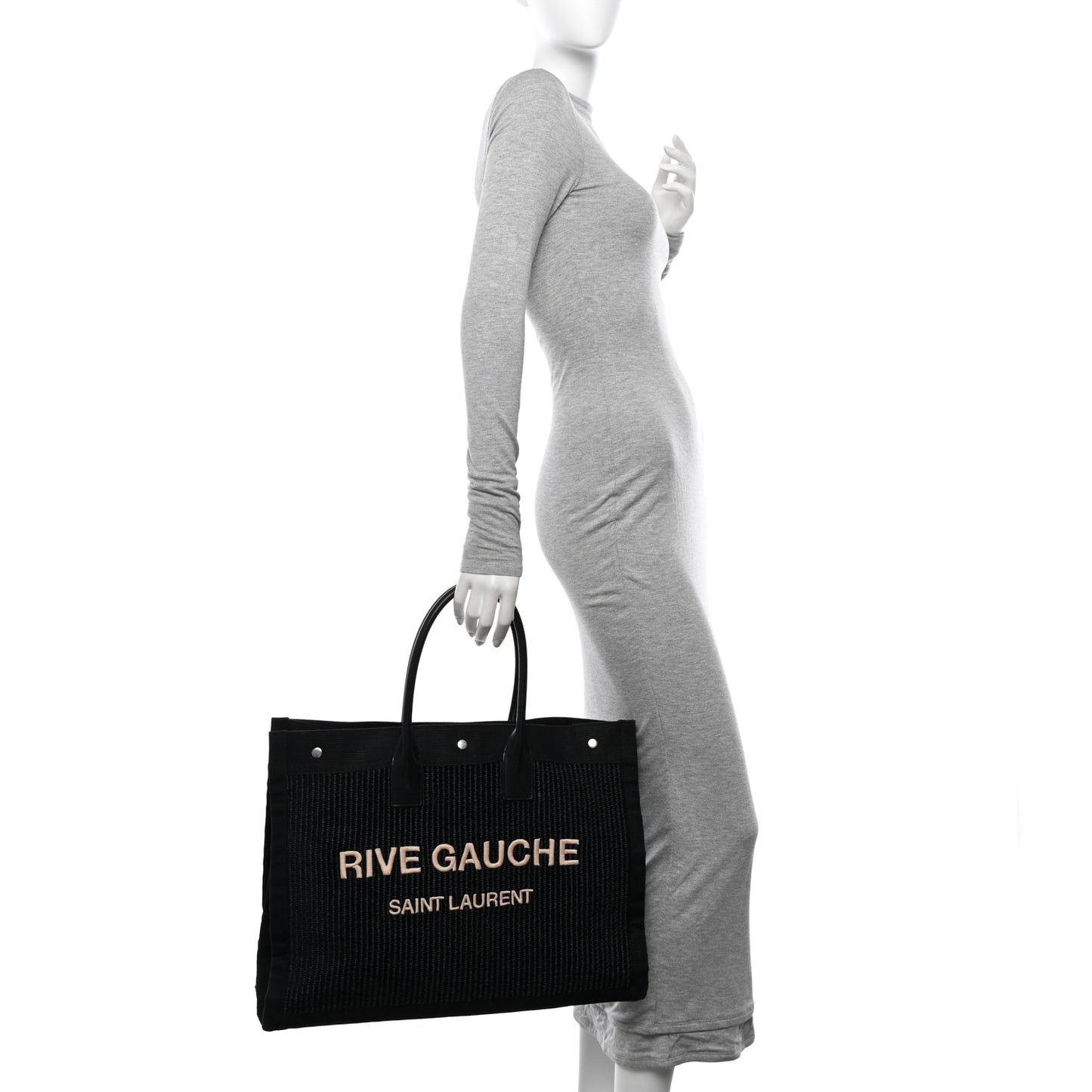 Raffia Linen Calfskin Rive Gauche Tote Black
