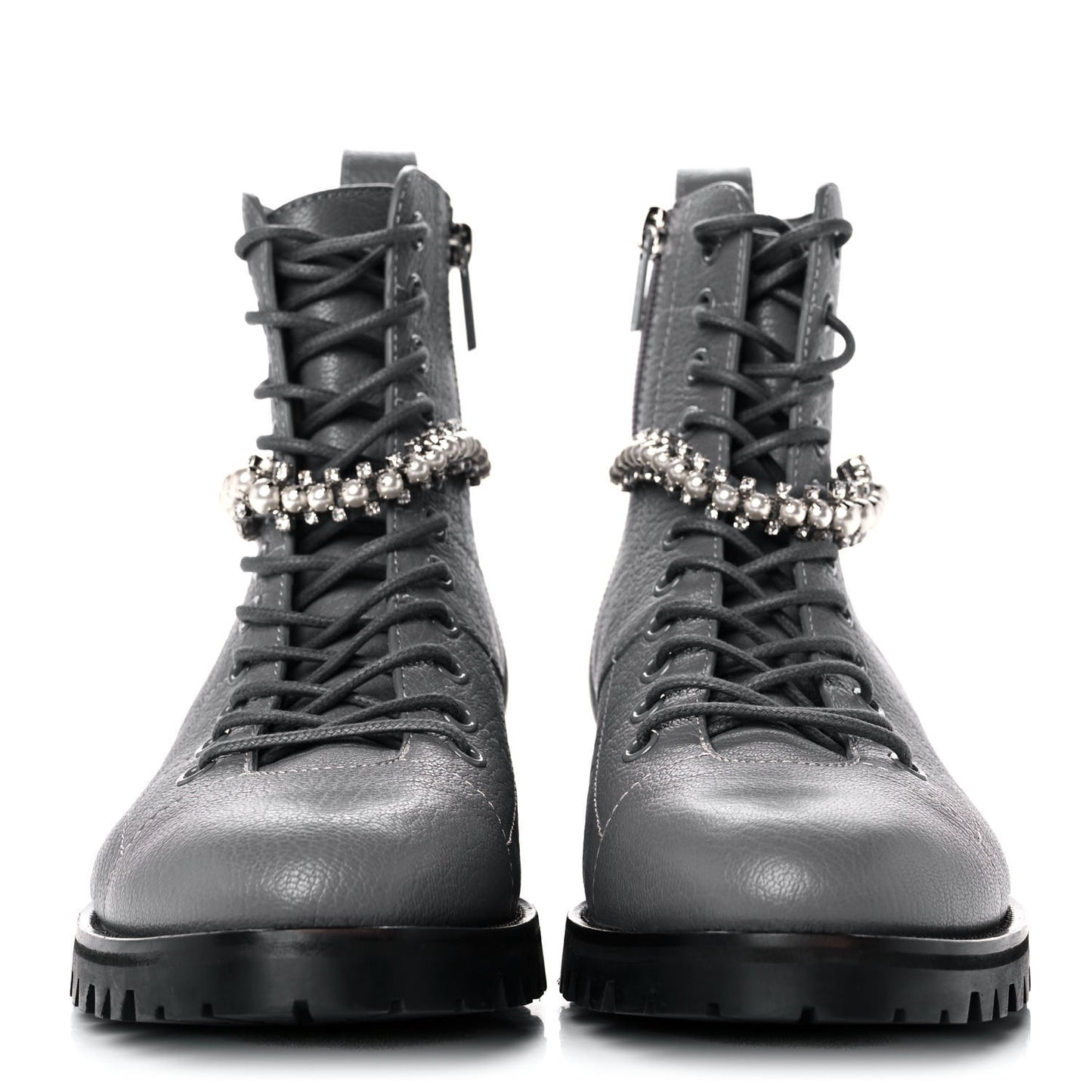 Grained Calfskin Crystal Embellished Cruz Combat Boots 38.5 Grey