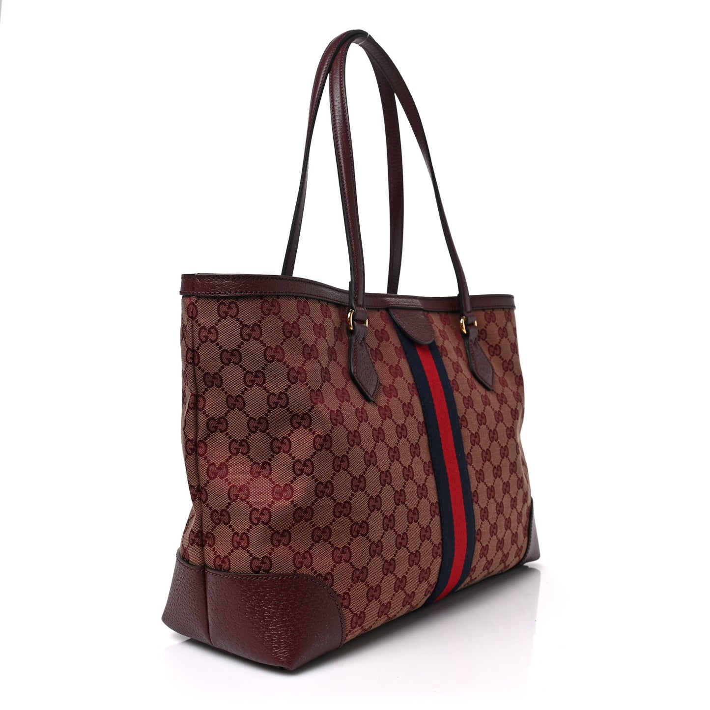 Monogram Textured Dollar Calfskin Web Medium Ophidia Shopping Tote Sahara Rubino Chardonnay