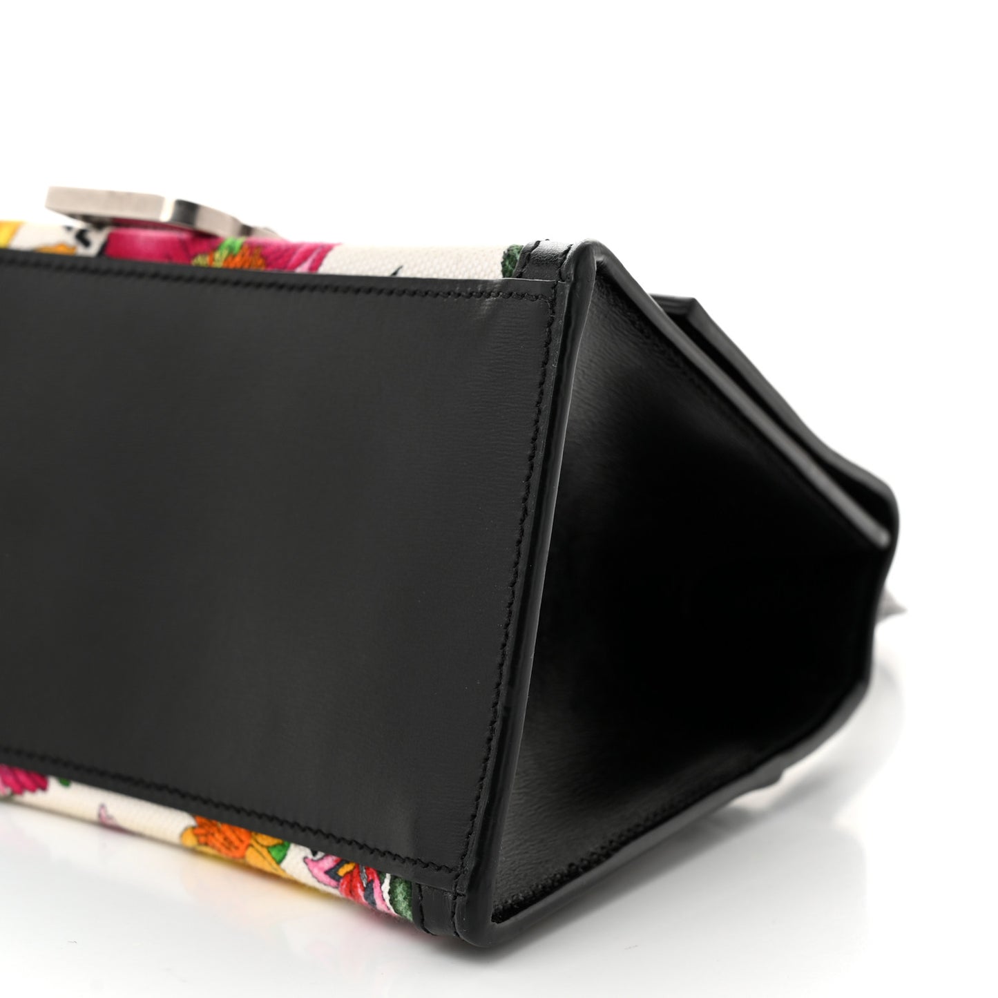 X GUCCI Canvas Boarded Plutone Calfskin Flora Logo Print Small Hourglass Top Handle Bag White Multicolor Black