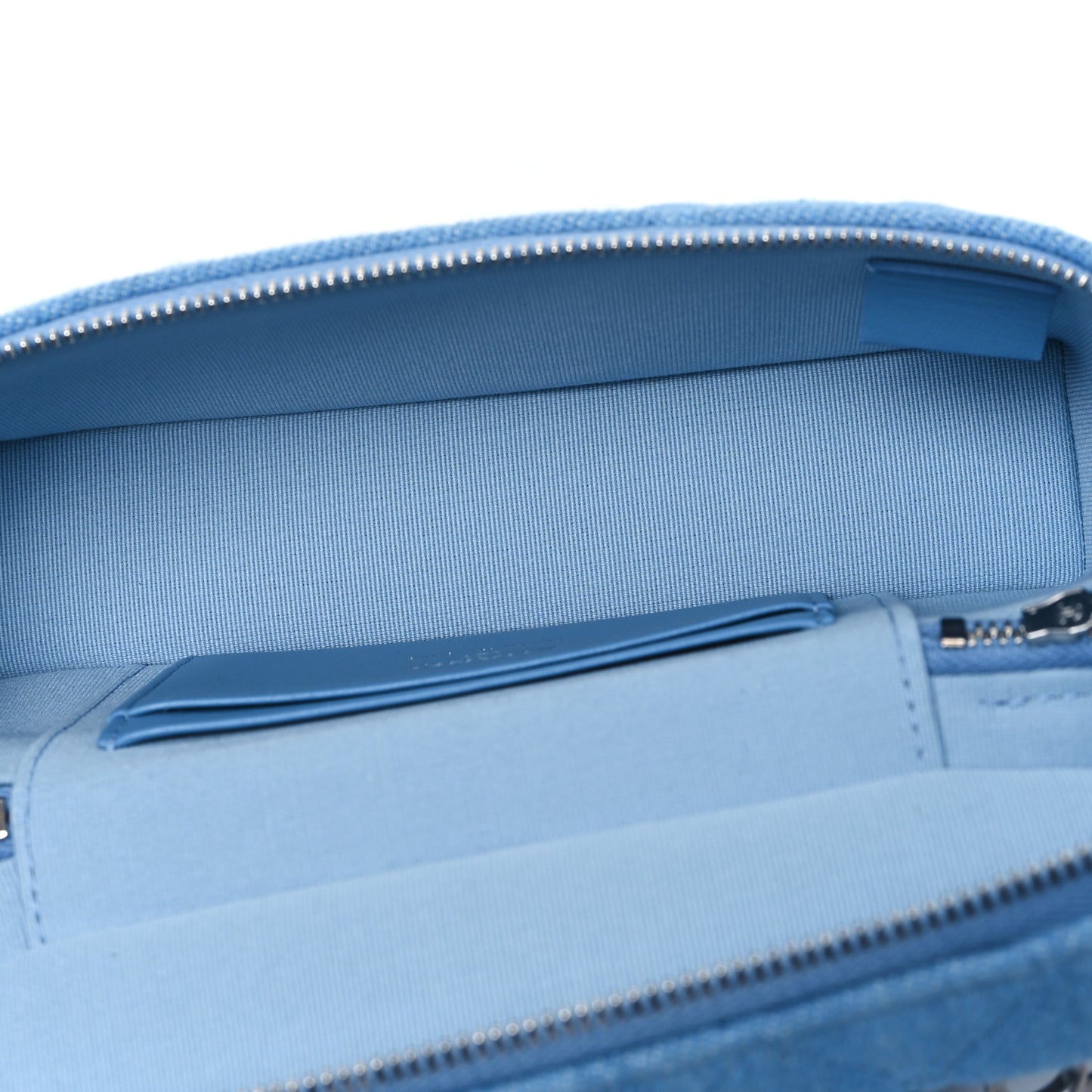 Denim Quilted Top Handle Slim Vanity Case With Chain Blue