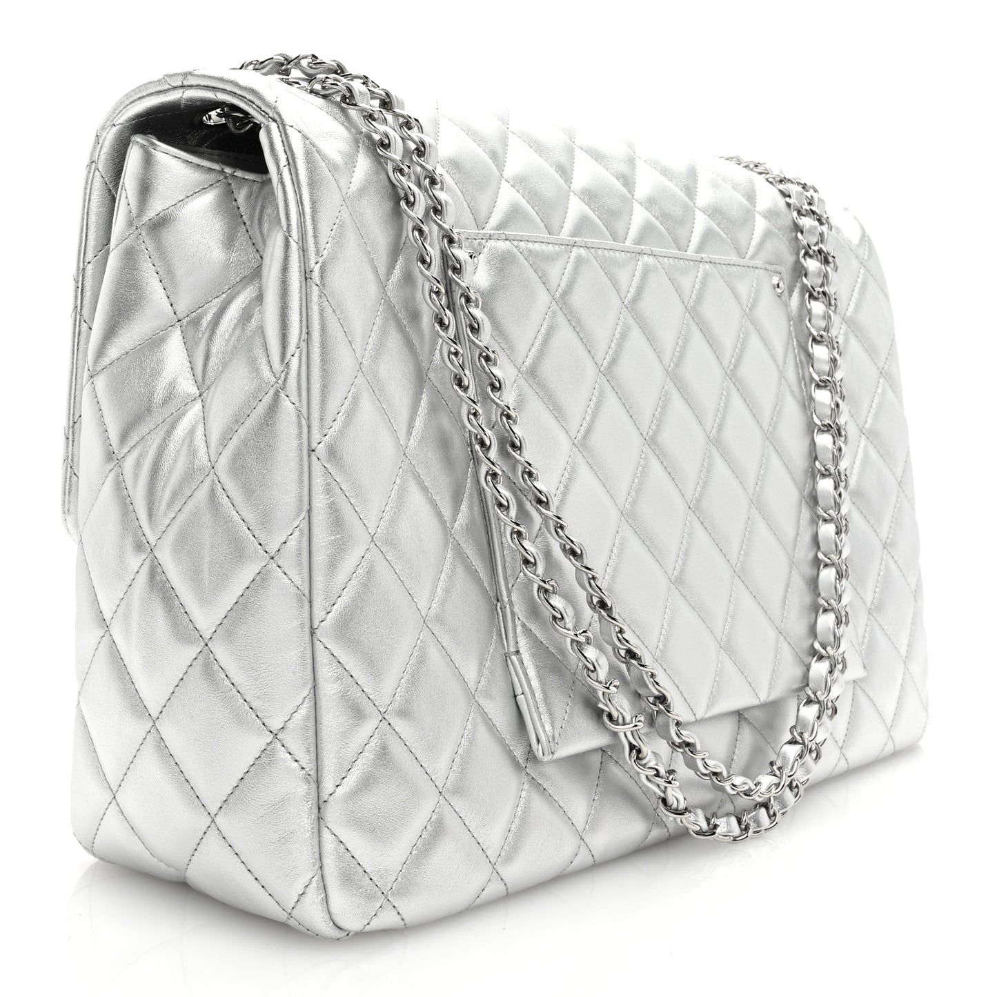 Metallic Lambskin Quilted XXL Travel Flap Bag Silver