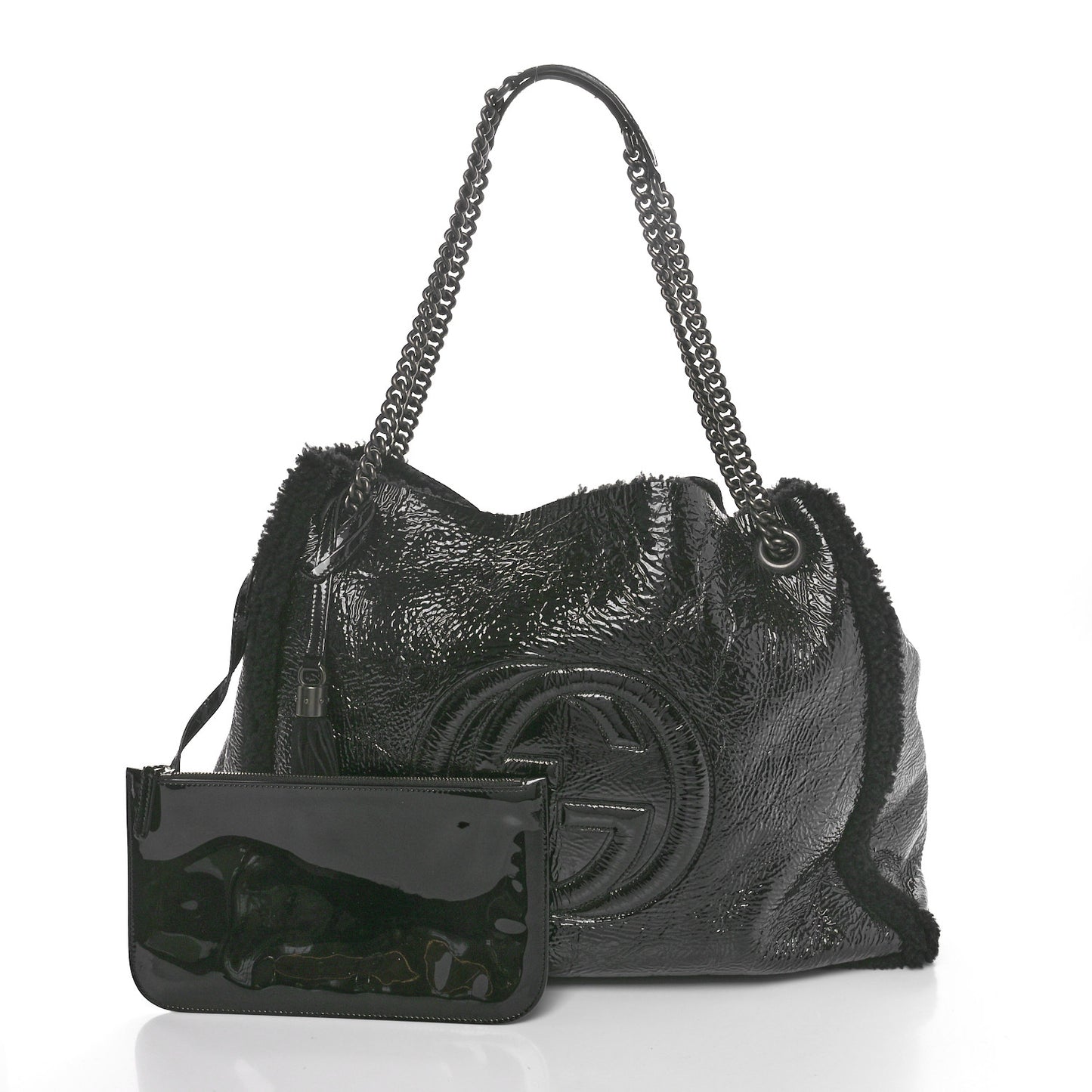 Patent Shearling Large Soho Chain Shoulder Bag Black