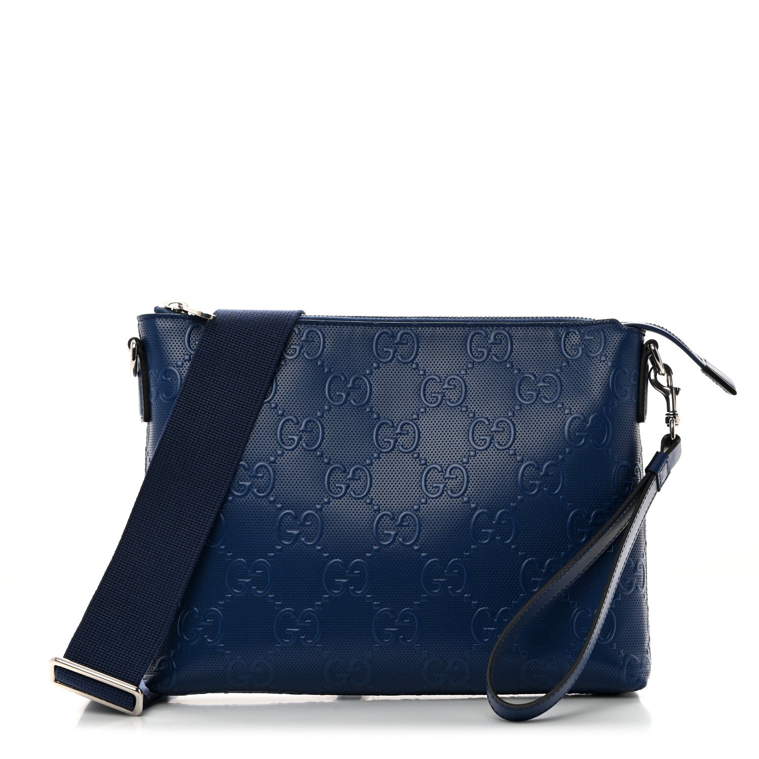 Gucci Calfskin GG Tennis Embossed Medium Wristlet Messenger Bag Intense Metal Blue 1 of 10
