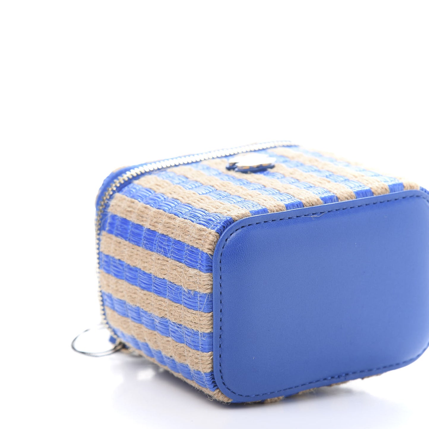 Raffia Jute Striped Mini Vanity Case With Chain Blue Beige