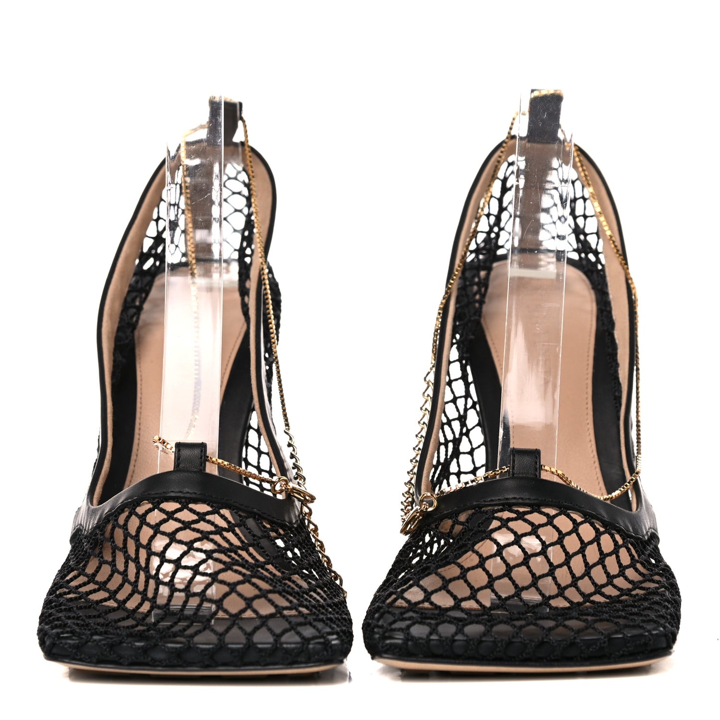 Mesh Calfskin Chain Stretch Pumps 36.5 Black