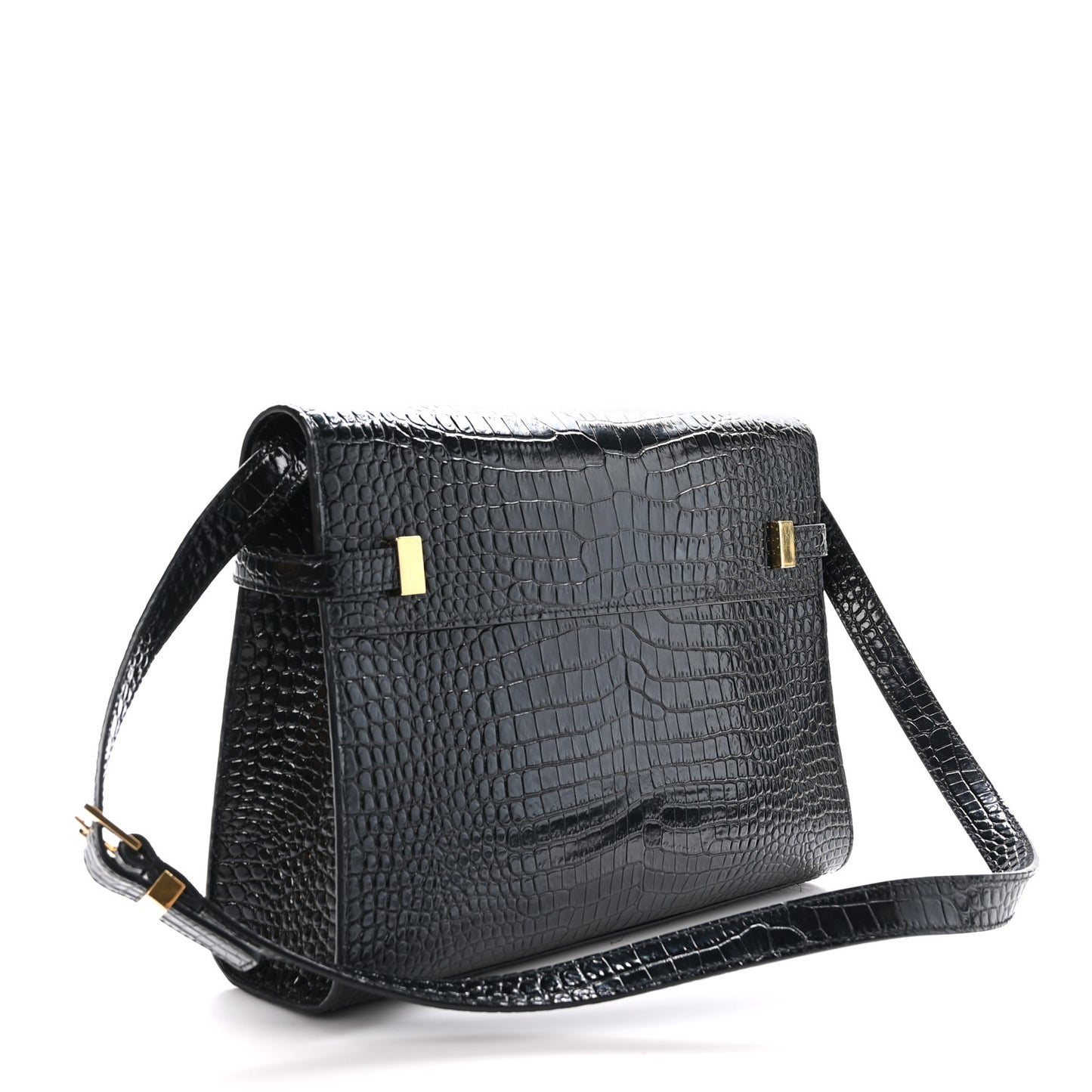Shiny Calfskin Crocodile Embossed Manhattan Baguette Black
