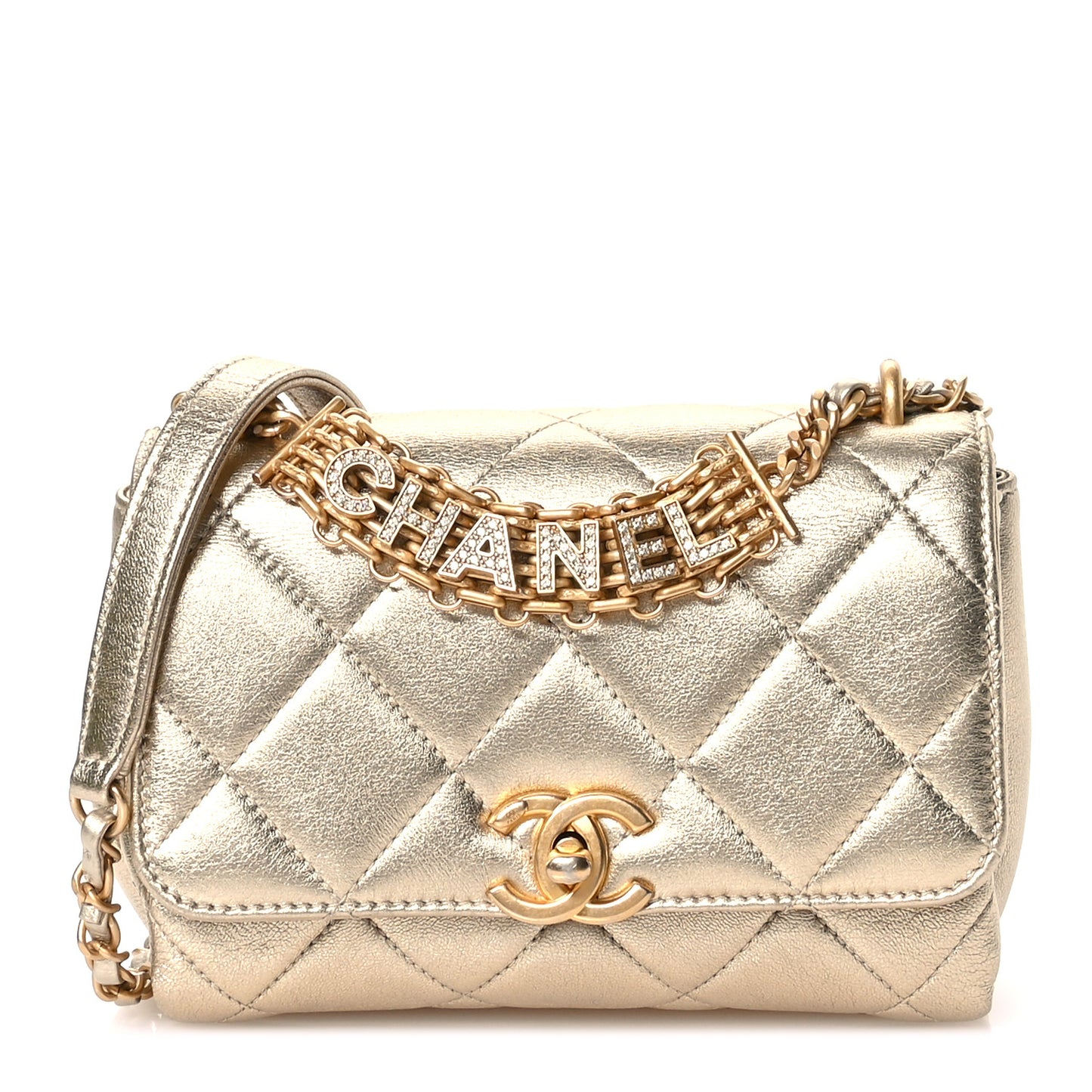 Metallic Lambskin Quilted Mini CC Crystal Logo Chain Flap Gold