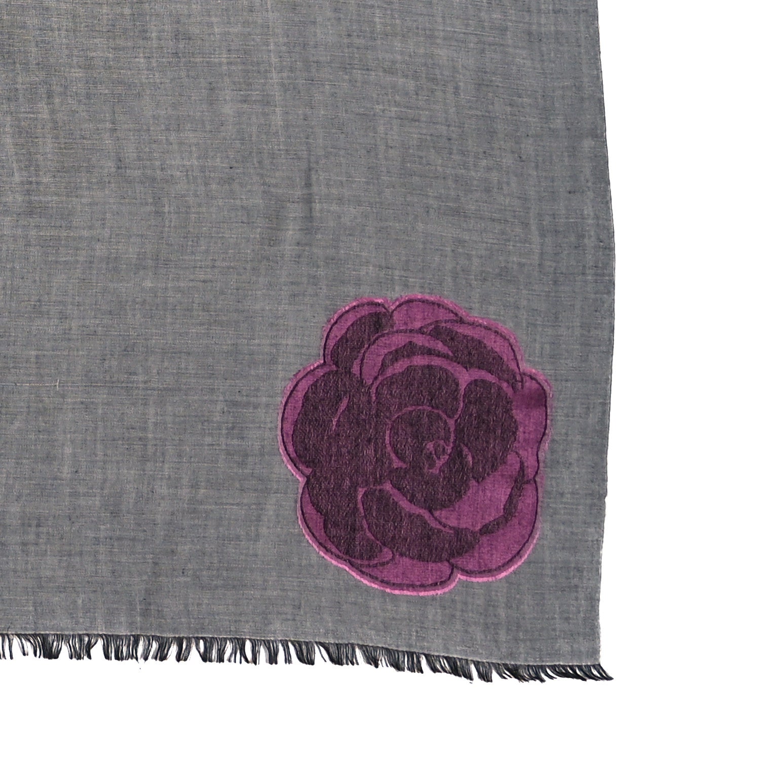Chanel Cashmere Silk CC Logo Camellia Scarf Shawl Grey Pink 3 of 3