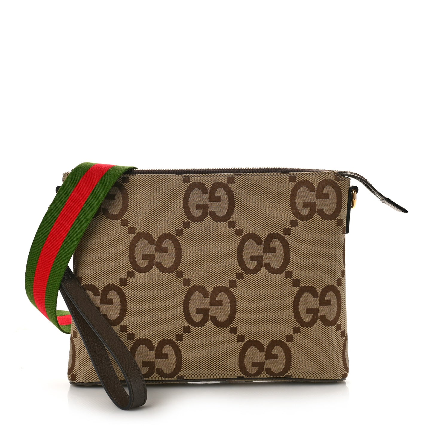 Monogram Jumbo GG Textured Dollar Calfskin Web Wristlet Messenger Bag Camel Ebony New Acero