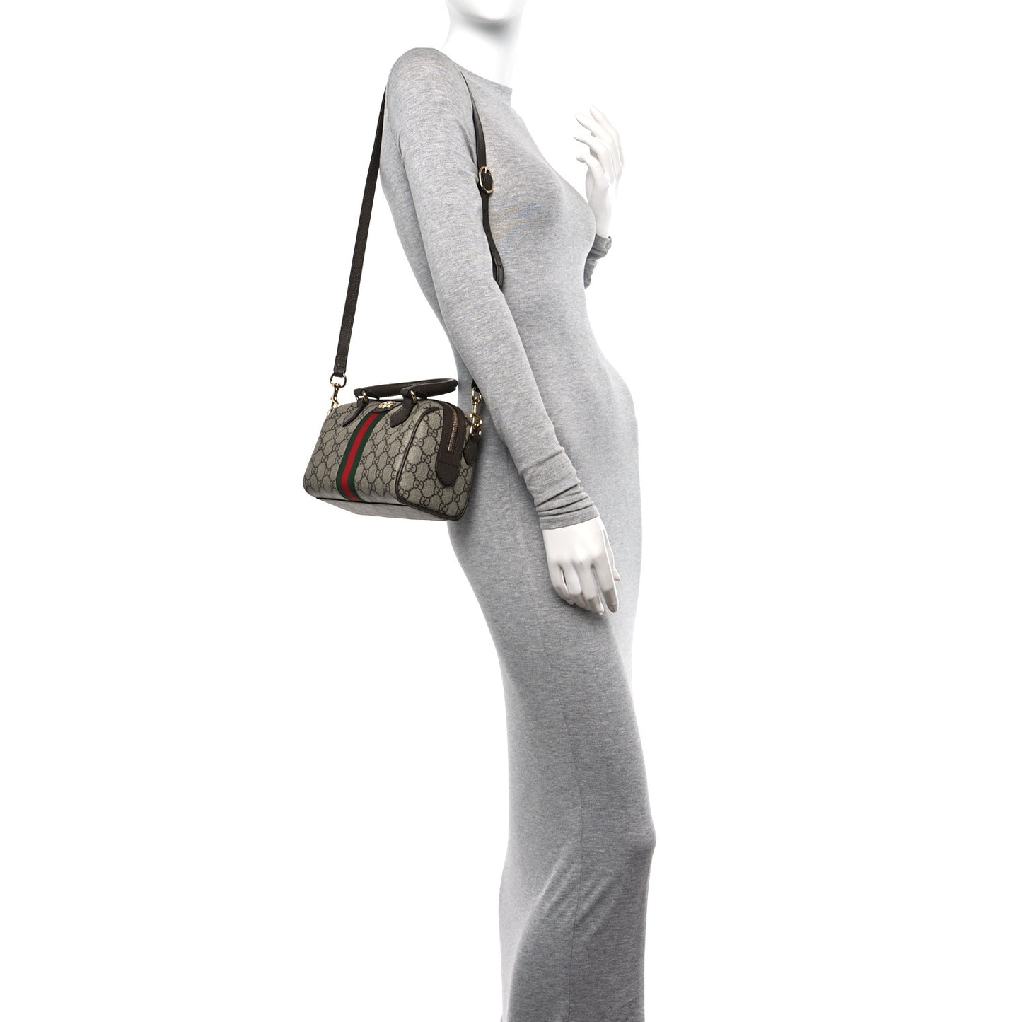 GG Supreme Monogram Textured Dollar Calfskin Web Mini Ophidia Top Handle Bag Beige Ebony New Acero