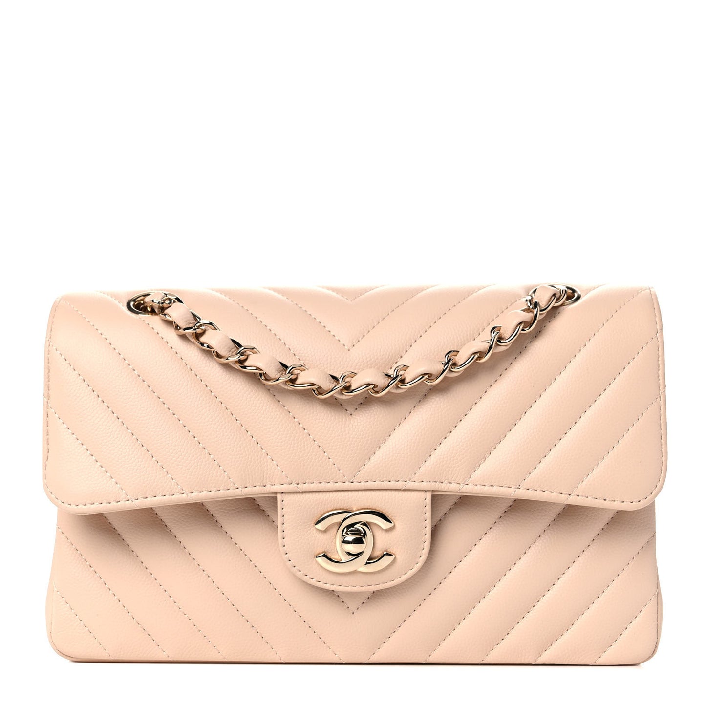 Caviar Chevron Quilted Small Double Flap Beige
